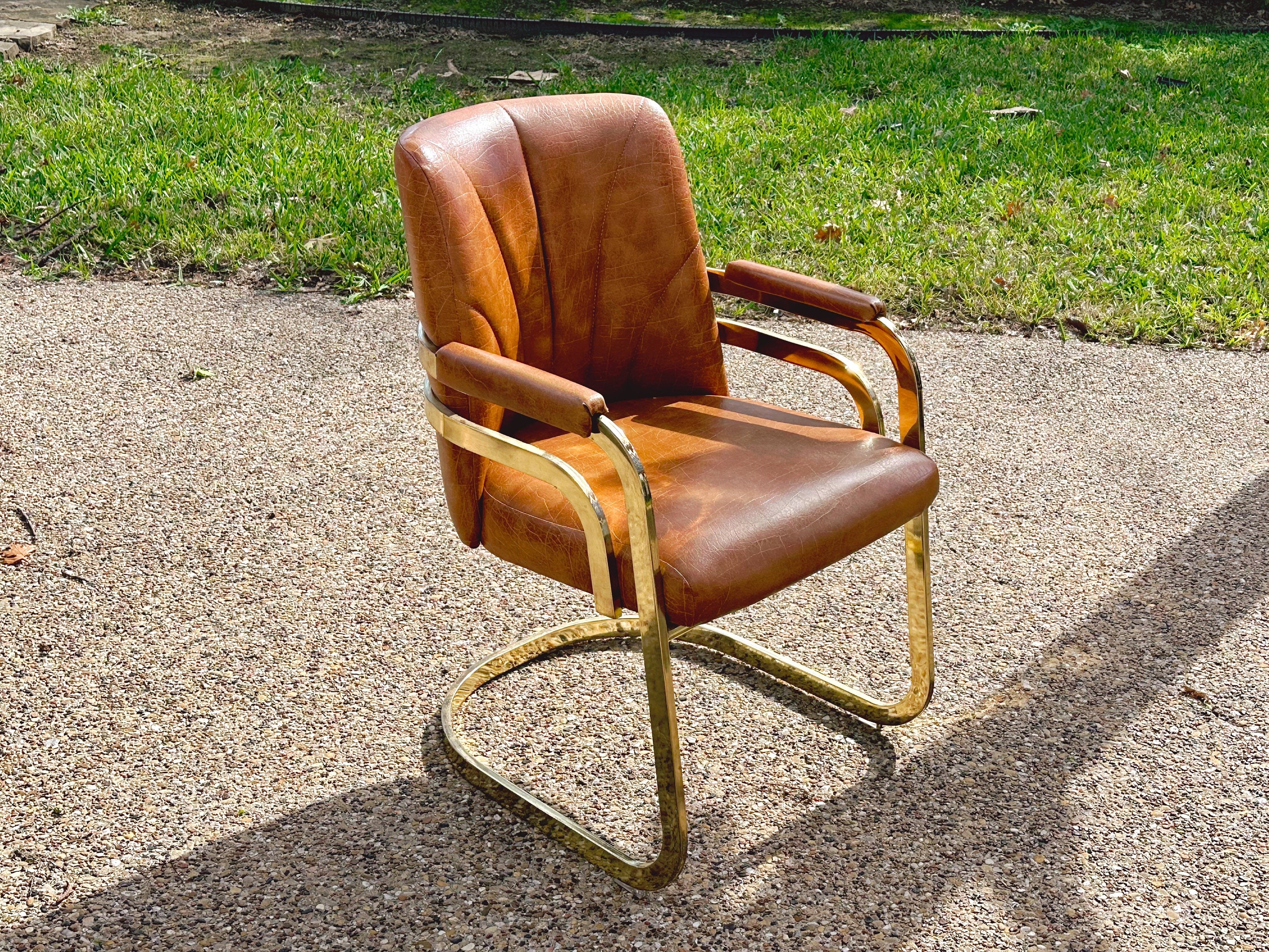 Vintage 1980s Brass and Brown Vinyl Cantilever Accent Chair by Chromcraft | Shipping Not Free | MCM Office Chair Dining Chair
