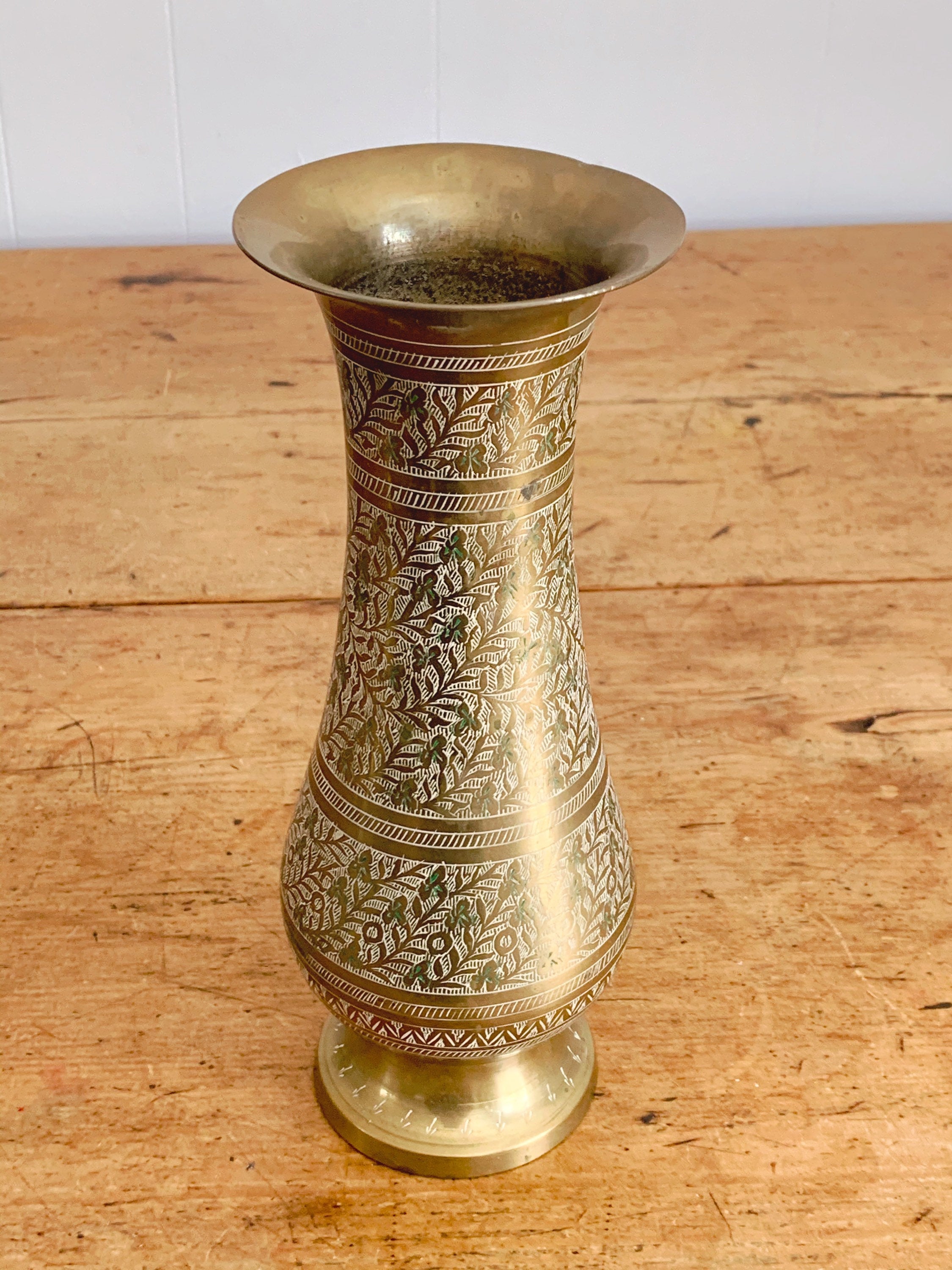 Vintage Indian Solid Brass Etched Flower Vase | Hand Painted White and Green Leaf Pattern