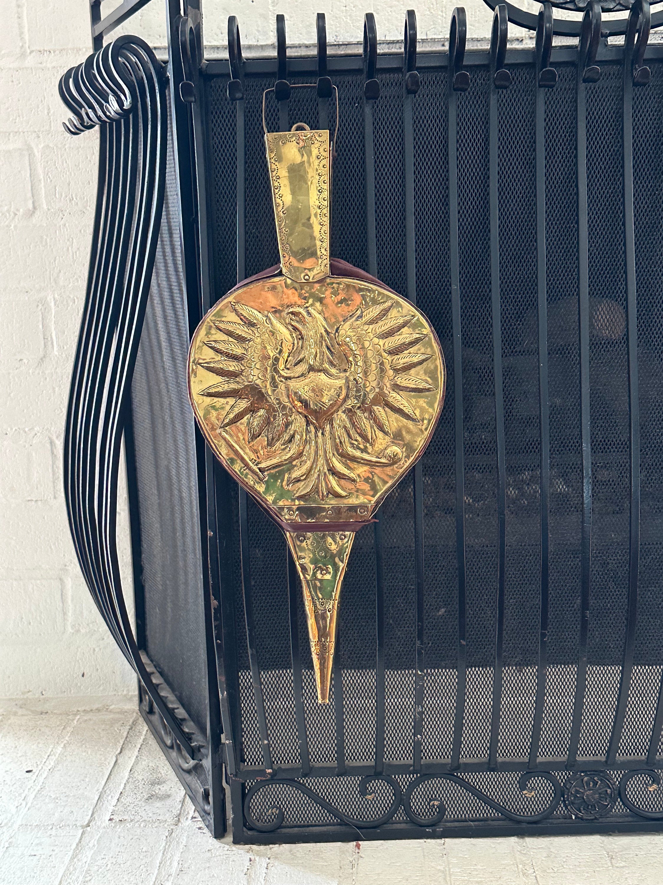 Vintage Brass and Leather Bellows with Eagle Design | Antique Rare Hand Hammered Fireplace Chimney Blower | Country Home Fireplace Decor