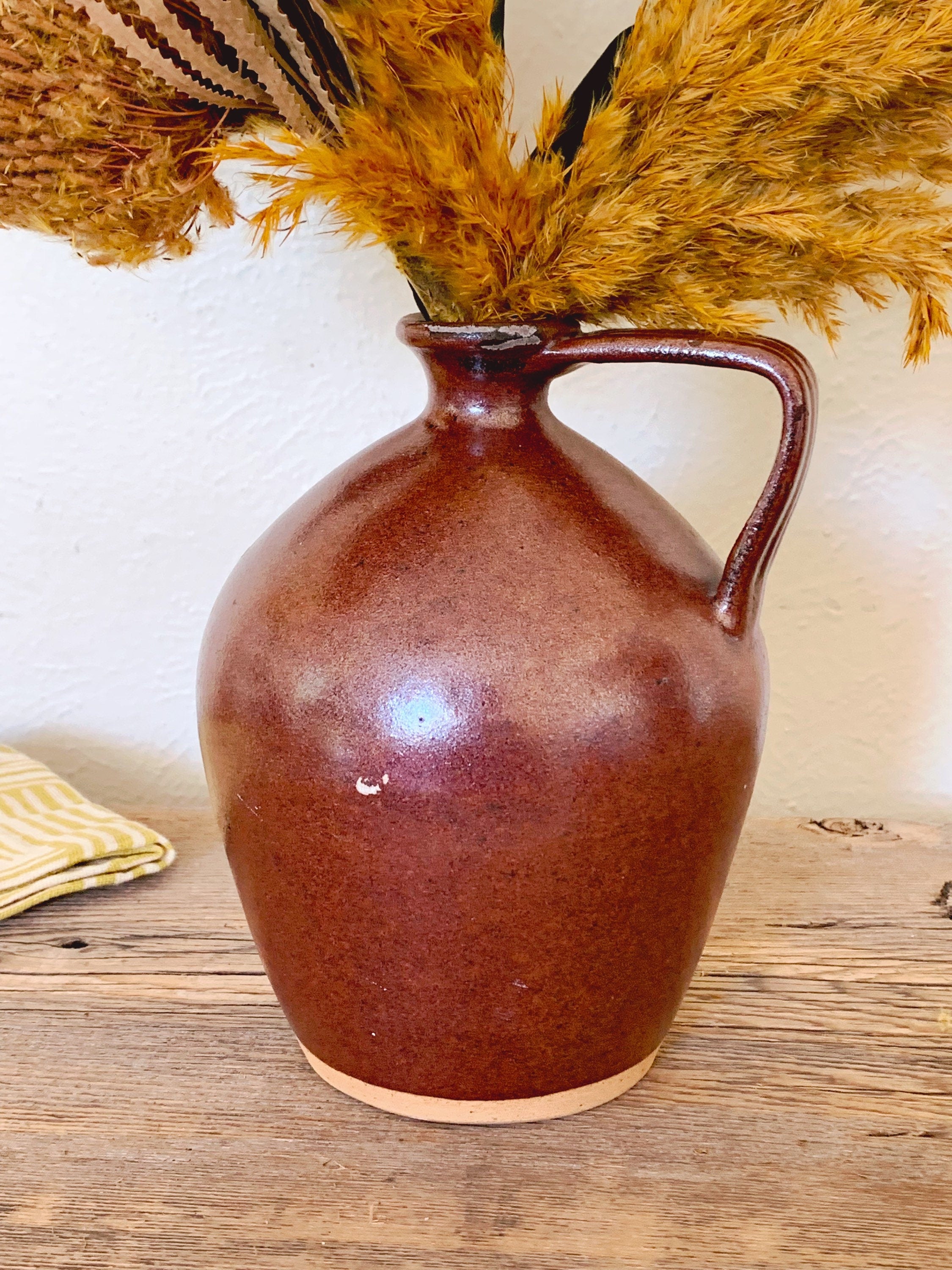 Small Vintage Stoneware Jug with Handle | Signed Gallo De Oro Mexico | Rustic Farmhouse Style Flower Vase Home Decor | Gift for Her