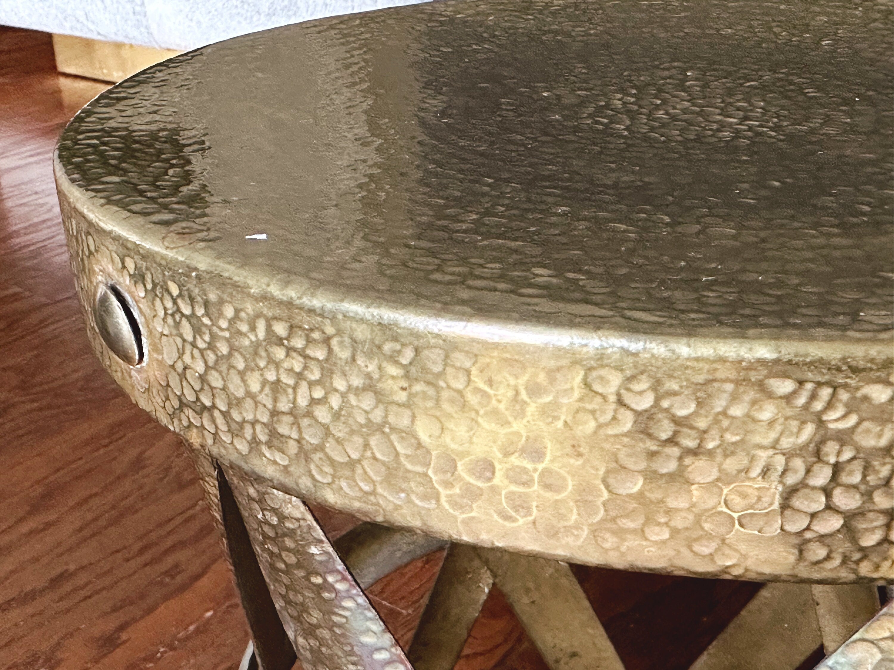 Vintage Mid Century Hand Hammered Brass X-Stool | Gold Drum Table Drink Table | Living Room Furniture Accent Table Plant Stand