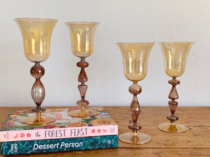 Vintage Parise Vetro Venetian Italian Murano Hand Blown Amber Art Glass Wine Glasses | Iridescent Tall Goblets in Set of 2, 4 or 6