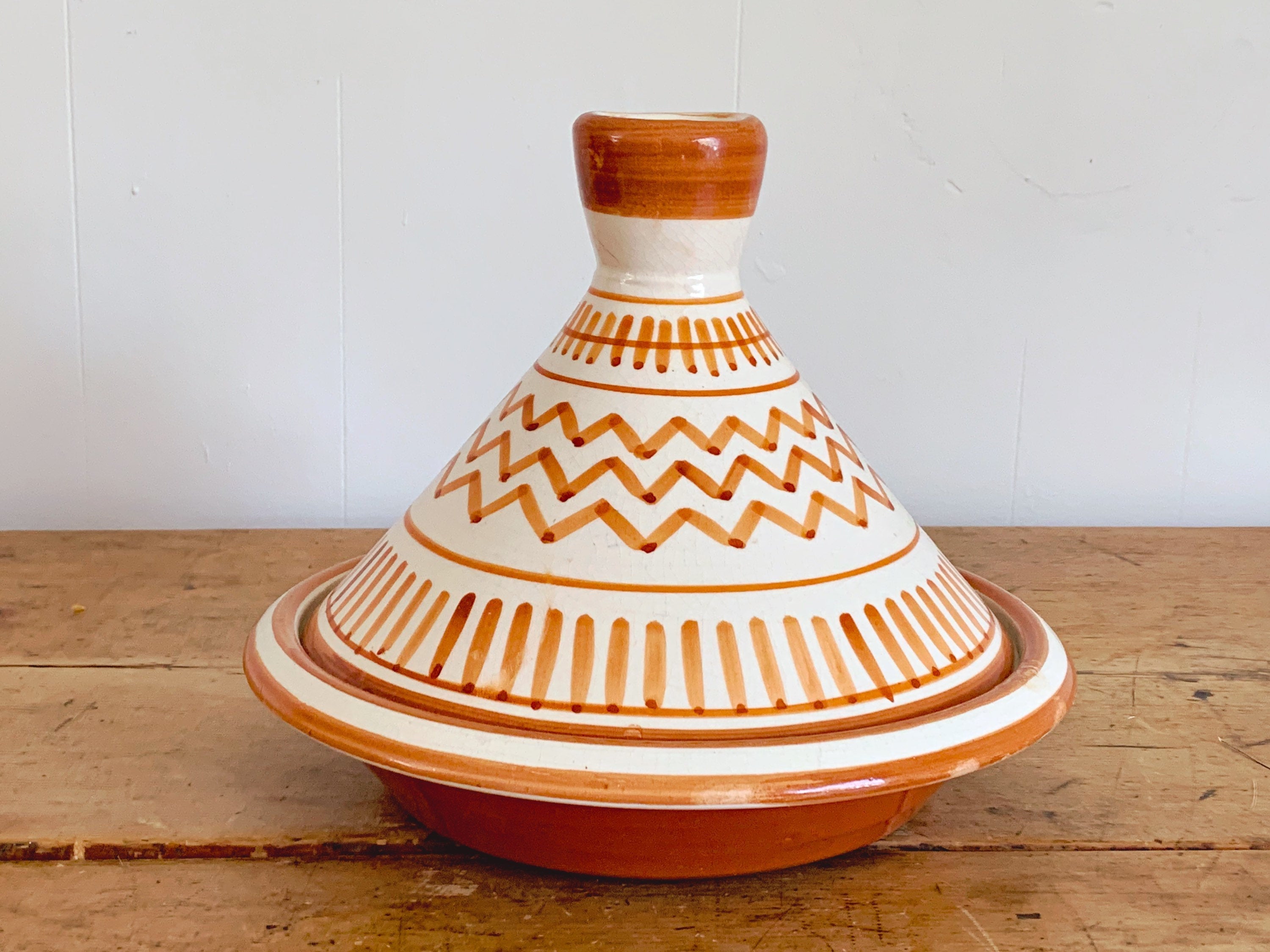 12.5” Large Moroccan Clay Serving Tagine Hand Painted in White and Orange | Ceramic Glazed Serving Dish | Kitchen Decor