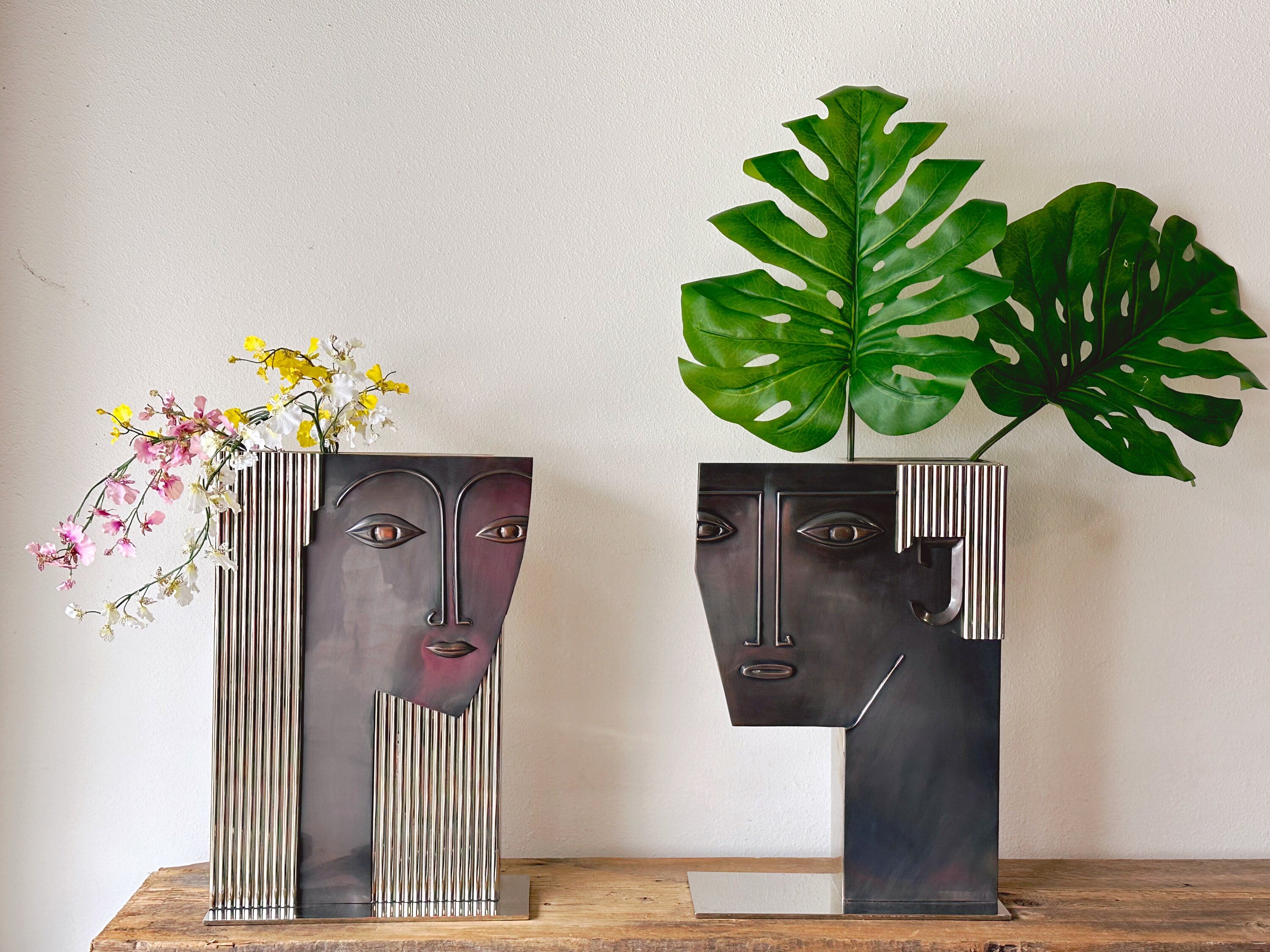 Pair of Oversized Art Deco Metal Face Vases in the Manner of Franz Hagenauer | Man and Woman Large Chrome Steel Table Vases | Home Decor
