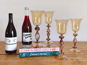 Vintage Parise Vetro Venetian Italian Murano Hand Blown Amber Art Glass Wine Glasses | Iridescent Tall Goblets in Set of 2, 4 or 6
