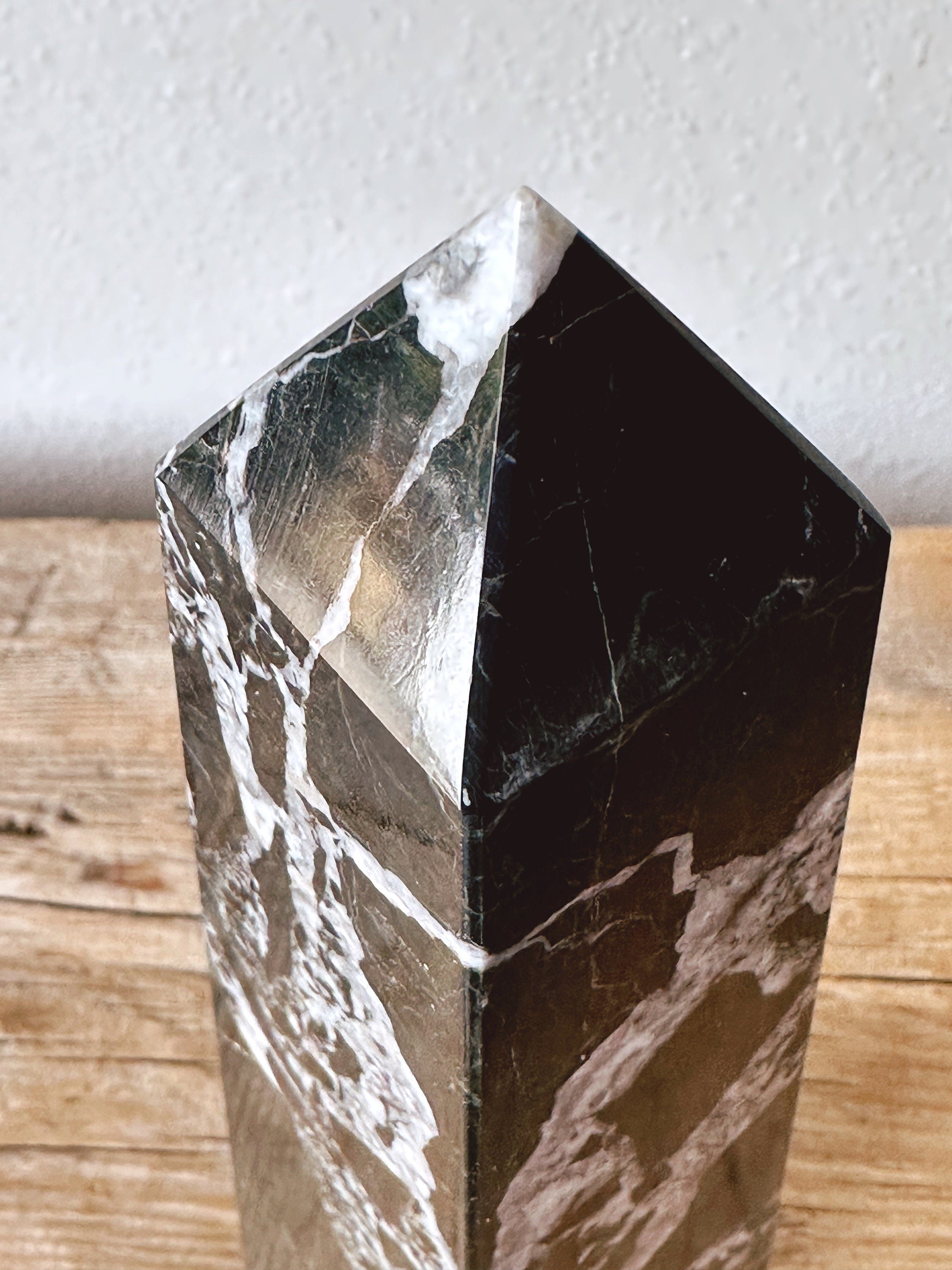 Vintage Tall Black and White Zebra Marble Obelisks Paperweight | Natural Stone Pyramid Desktop Accessory Office and Bookshelf Decor