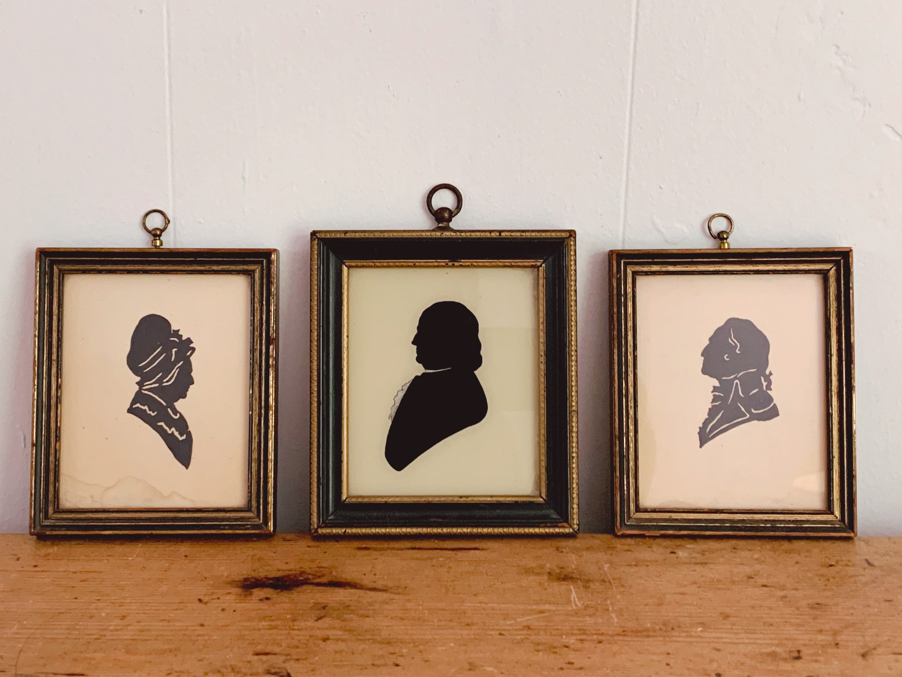 Antique Silhouettes of George Washington, Martha Washington and Benjamin Franklin in Old Wooden Frames | Vintage Wall Decor