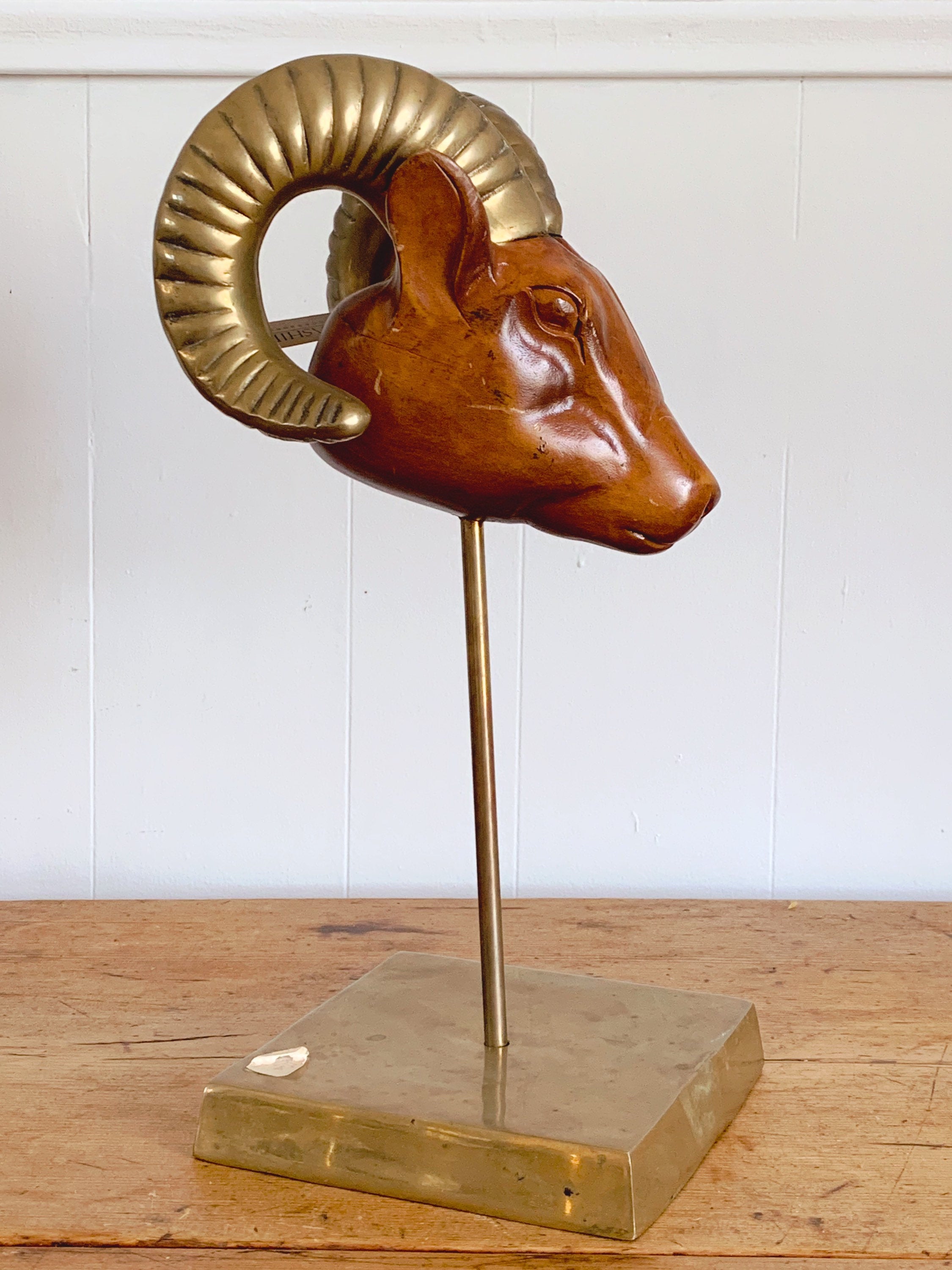Vintage 1980s Dolbi Cashier Wood and Brass Rams Head Art Sculpture On Pedestal | Hand Crafted Stylized Home Decor