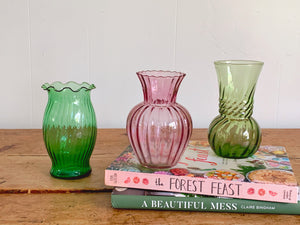 Assorted Vintage Hand Blown Swirl Glass Flower Vases in Pink and Green | Home Decor Gift for Her Housewarming Gift Mother's Day Gift