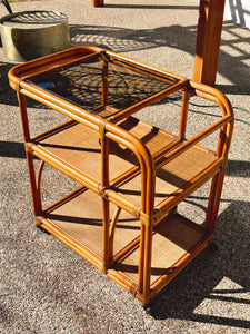 Vintage Mid-Century Three-Tier Rattan and Smoked Glass Bar Cart | SHIPPING NOT FREE | Boho Large Rolling Home Bar Drink Serving Trolley