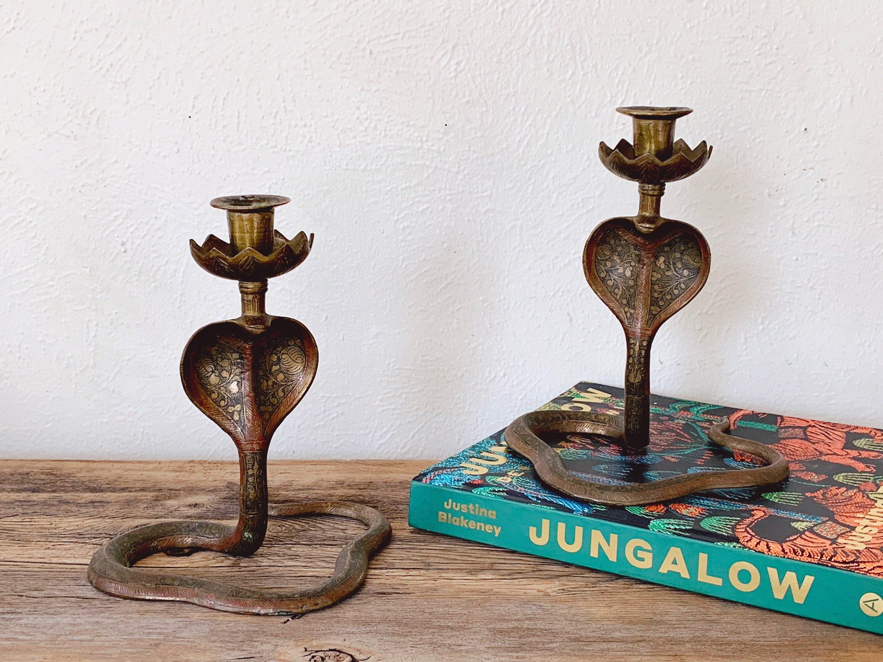 Pair of Vintage Brass Hand Painted Enameled Cobra Snake Candle Holders | Engraved Serpent Candlestick Holder Unique Boho Home Decor