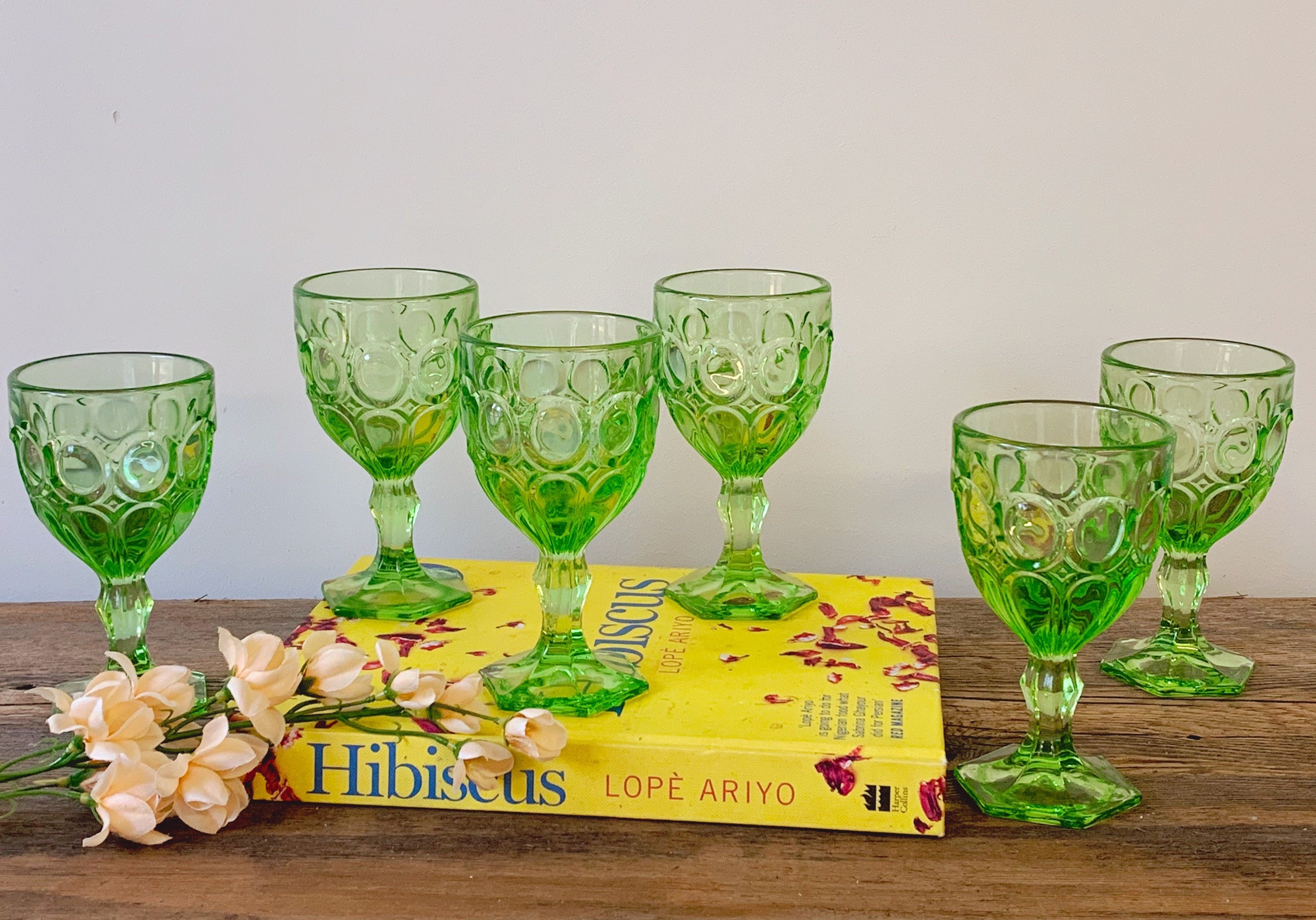 Vintage 1970s Small Fostoria Crystal Moonstone Apple Green Wine Goblets or Cordial Glasses | Barware in Set of 2, 4 , 6 or 8 | Wedding Gift