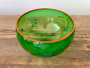 Vintage Antonio Garcia Studio Art Glass Bowl in Green with Orange Rim, Dots and ZigZags | Serving Bowl Candy Bowl Decorative Art