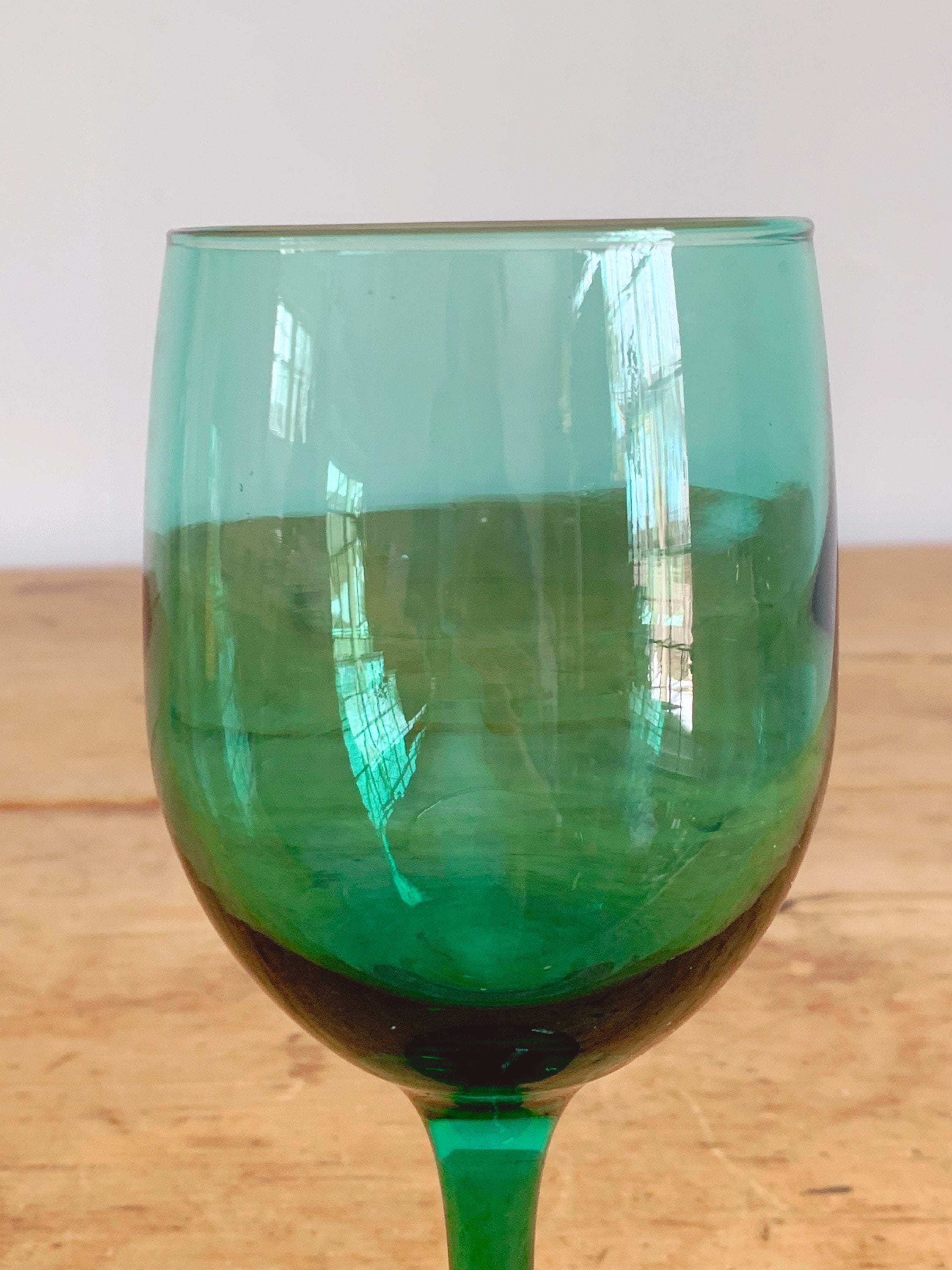 Pair of Mid-Century Modern Emerald Green Wine Glasses or Water Goblets | Vintage Barware Set of 2