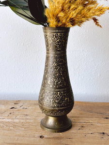 Vintage Solid Brass Etched Flower Vase from India | Floral and Leaf Pattern Aged Brass | Boho Chic Home Decor | Mother's Day Gift for Her