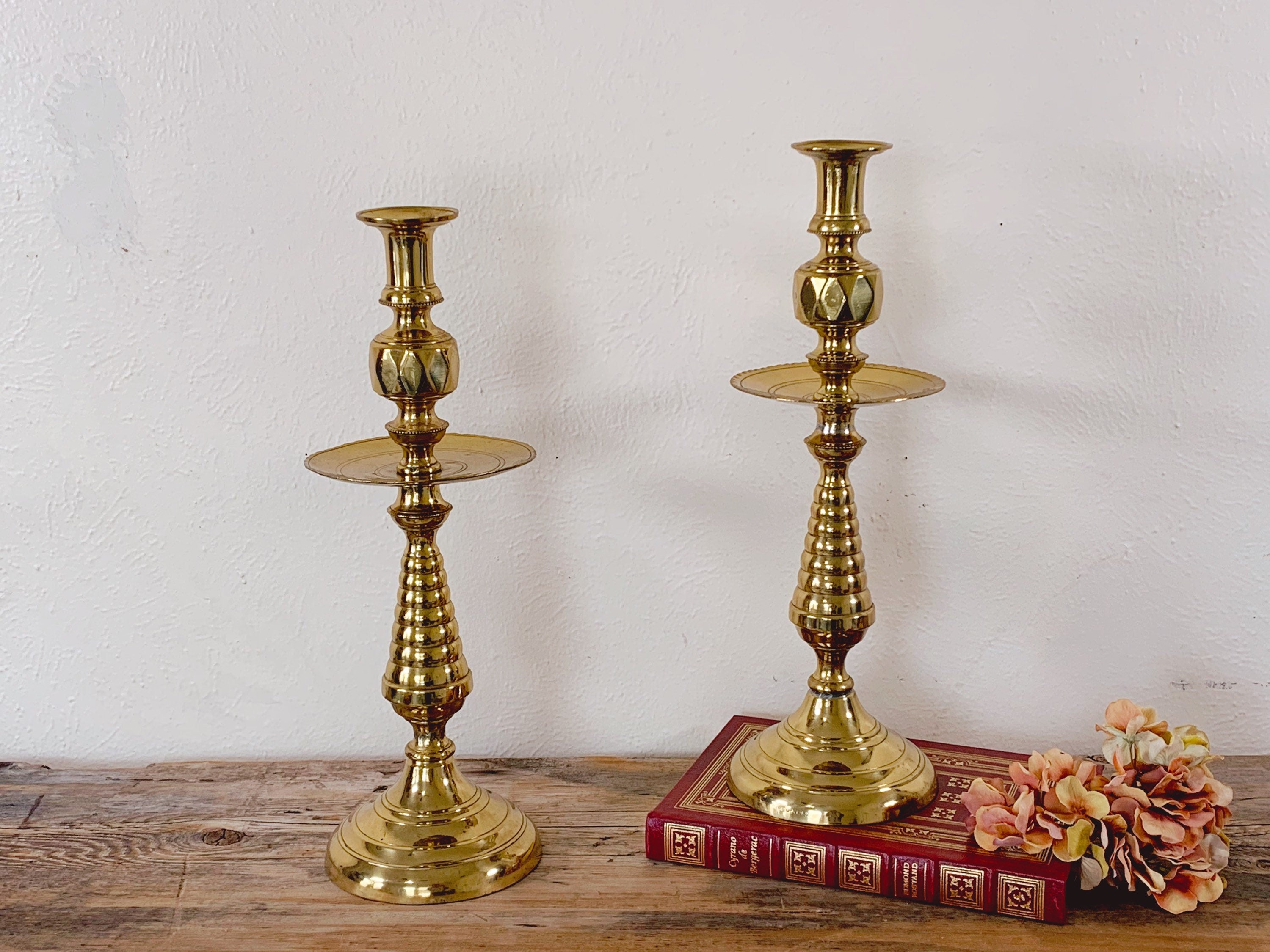 Pair of Tall Schatz & Bolander Birmingham England Antique Brass Candlesticks | 19th Century Beehive Victorian English Candle Holders