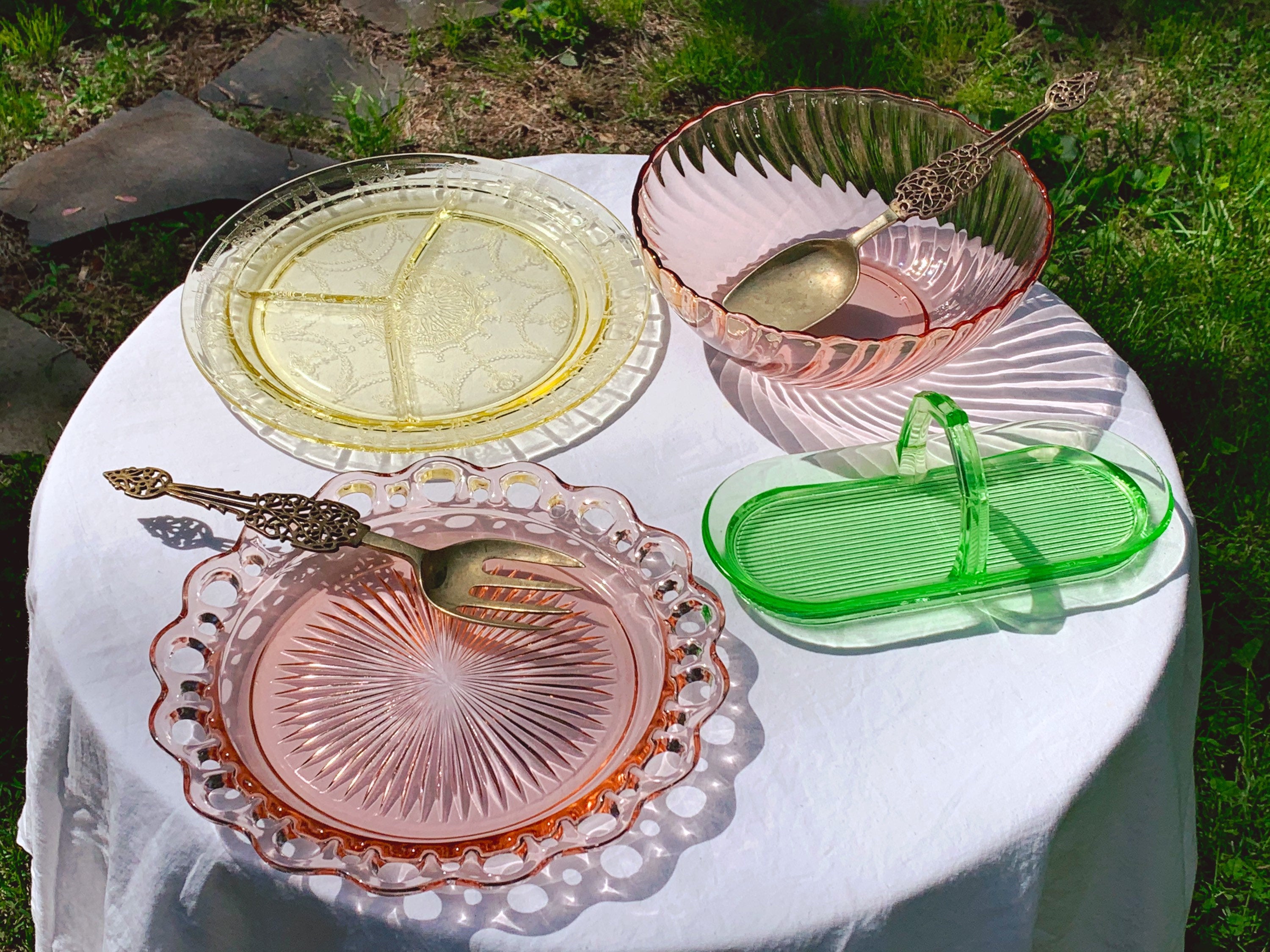 Variety of Vintage Depression Glass Serving Plate, Tray, Salad Bowl and Divided Grill Plate | Pink, Yellow, Green Uranium Glass Tableware