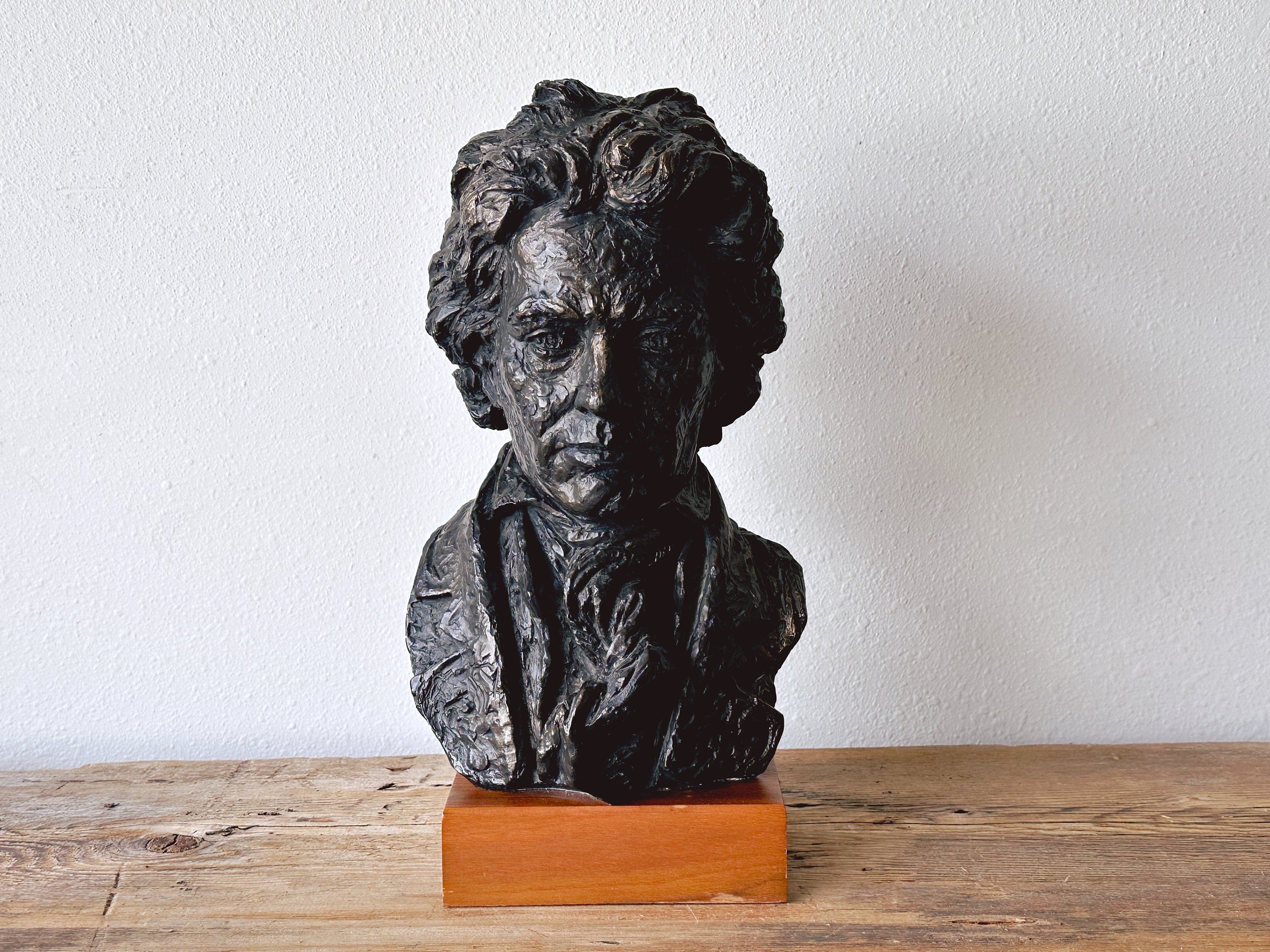 Vintage 1961 Bust of Beethoven Sculpture on Wood Pedestal Stand by