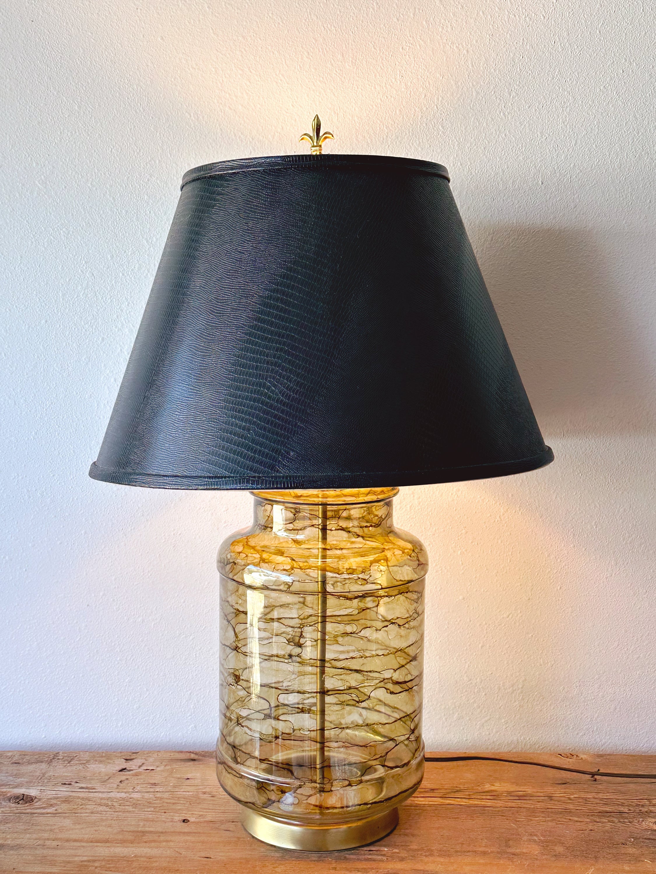 Large Vintage Tortoise Style Glass and Brass Table Lamp with Black Textured Leatherette Shade | Amber Art Glass Bedroom Lighting Decor