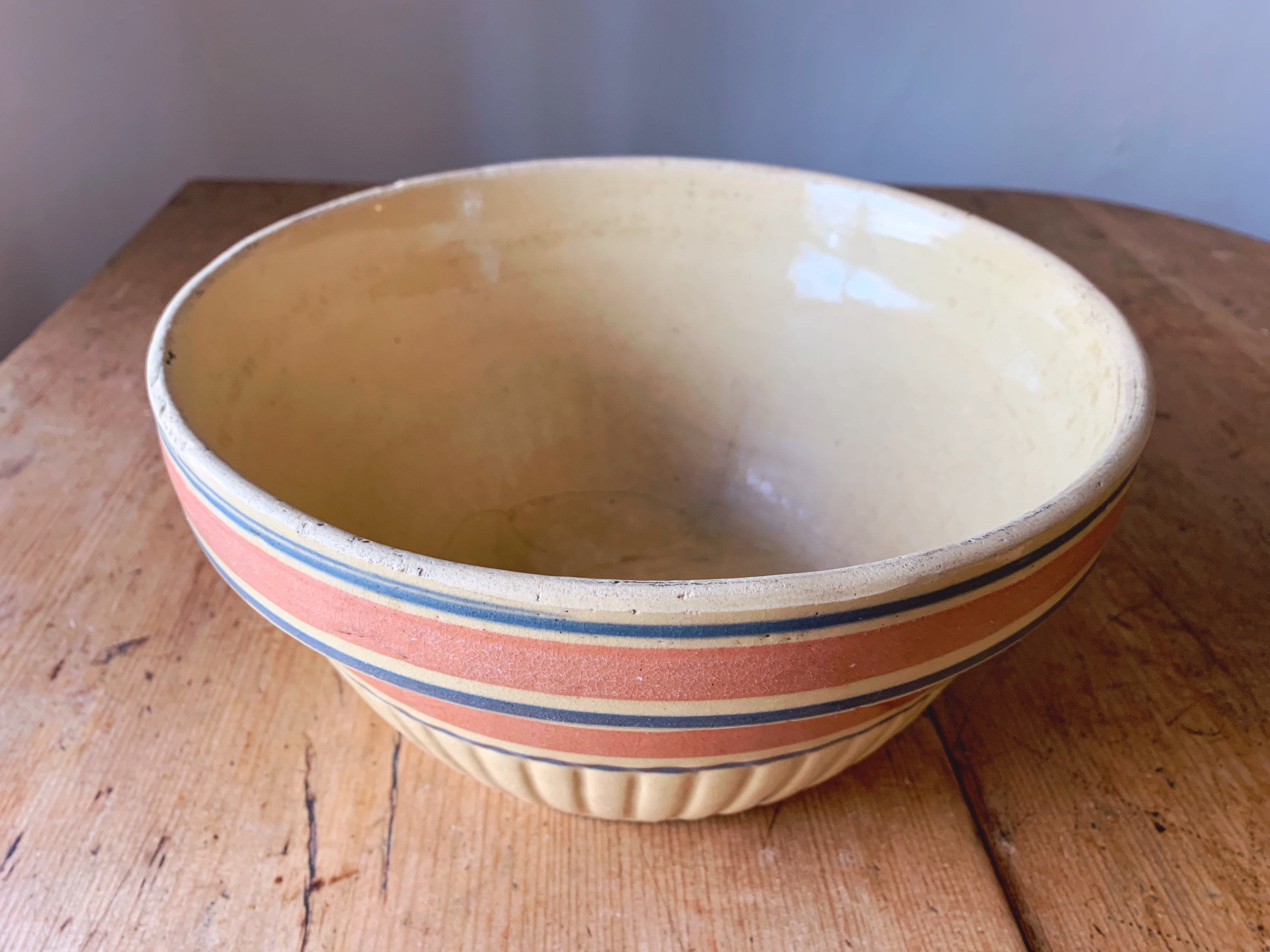 Antique 10" Stoneware Mixing Bowl with Blue and Red Bands | Yellow Ware