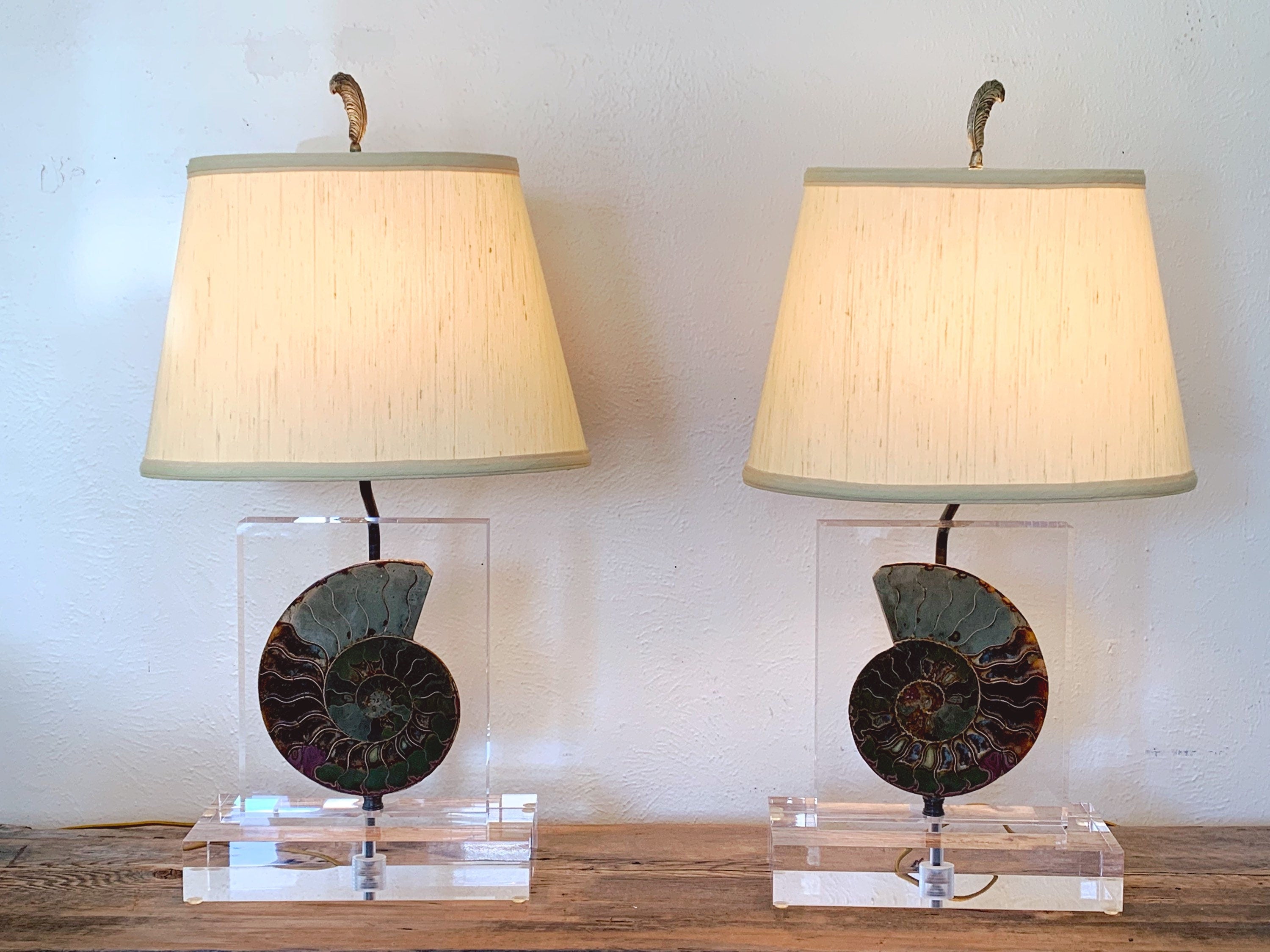 Pair of Vintage Mounted Ammonite Lucite Table Lamps | 1970s Geometric Clear Lucite Lamps with Fossil Specimen | Bedroom Lighting Decor