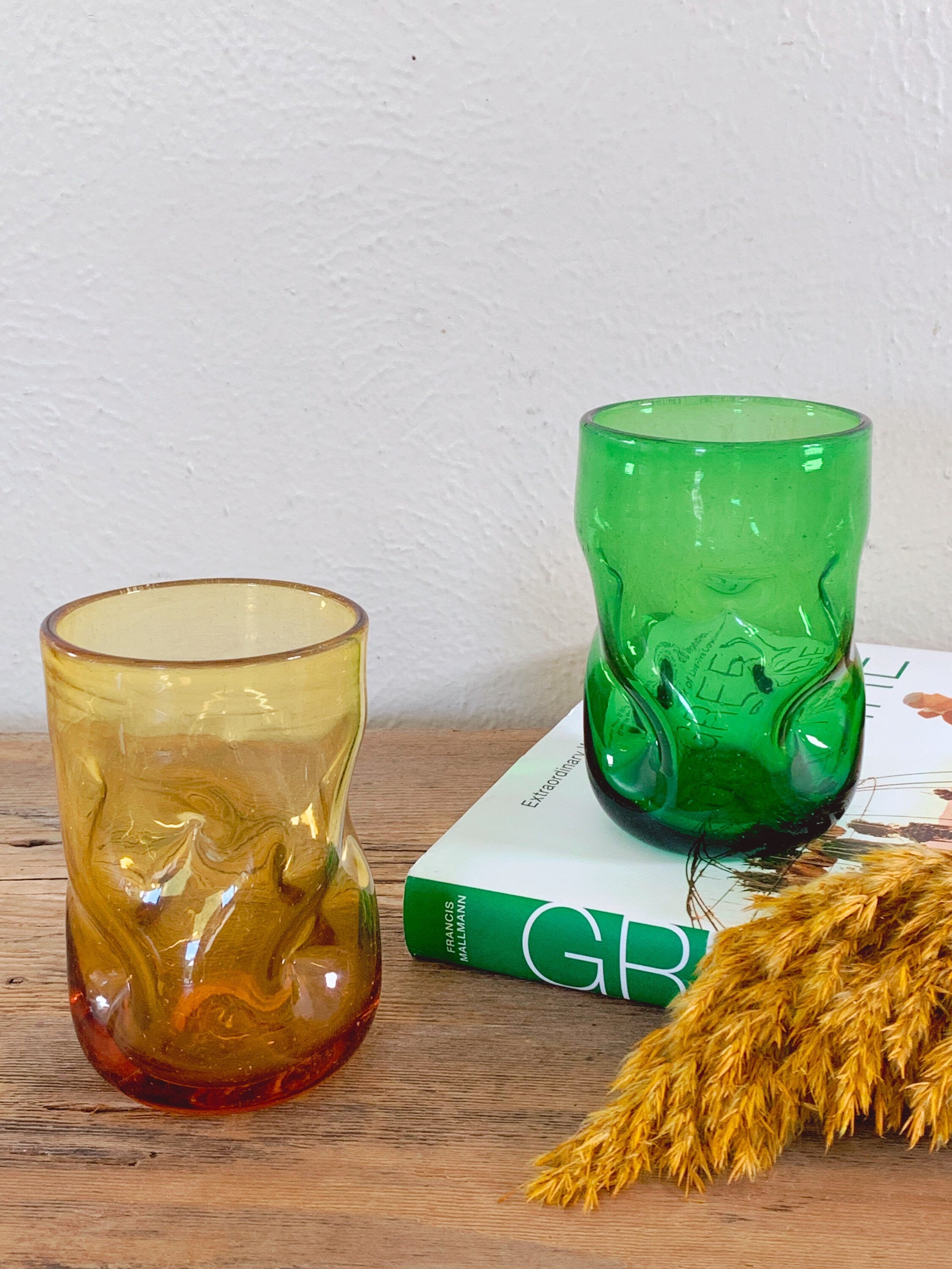 Pair of Blenko Hand Blown Dimple Glass Tumblers in Yellow and Green | Pinched Glass Lowball Glasses | Drinkware Barware