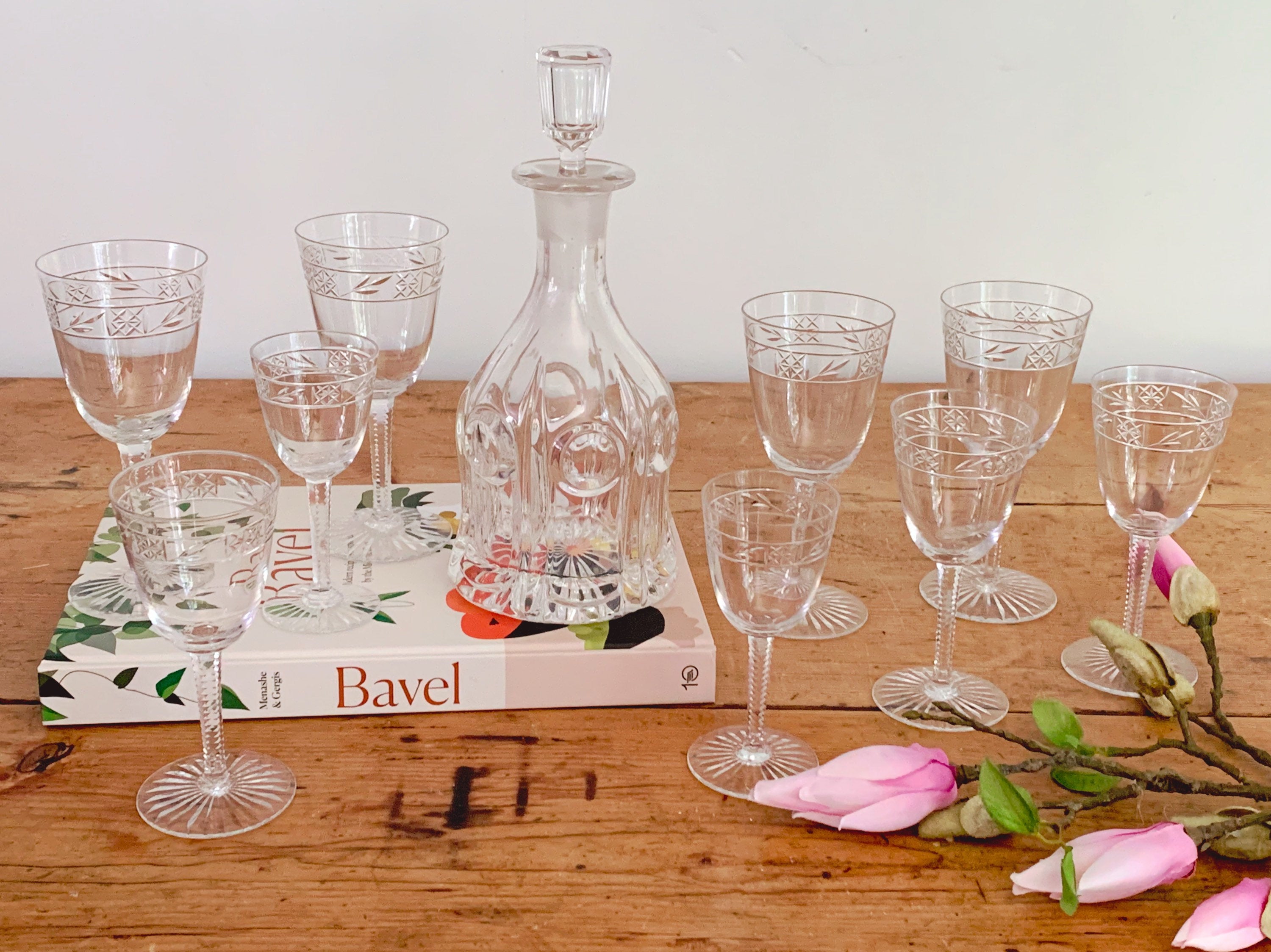 Vintage Clear Crystal Wine and Cordial Glasses with Jagged Stems