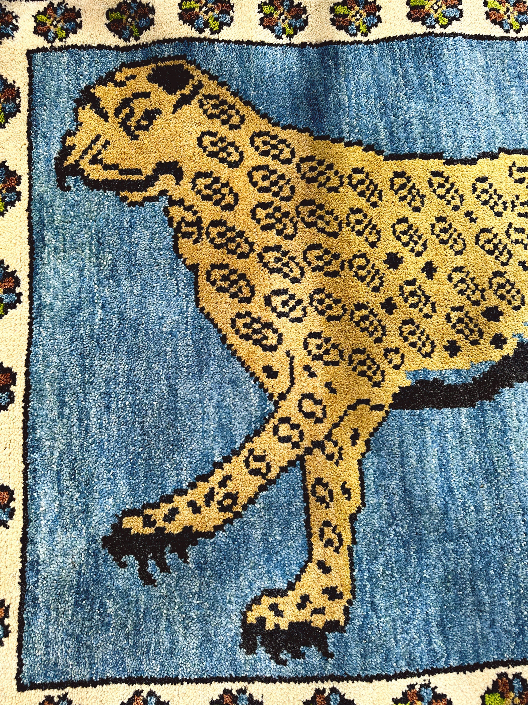 Hand Woven Persian Leopard Gabbeh Rug in Cobalt Blue 3x5 ft | Fine Wool Area Rug | Unique Boho Chic Multicolor Geometric Pattern