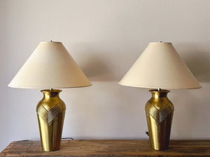 Pair of Vintage Mid Century Geometric Brass Table Lamps with White Linen Shades | Hollywood Regency Style Tall Lamps | Bedroom Lighting
