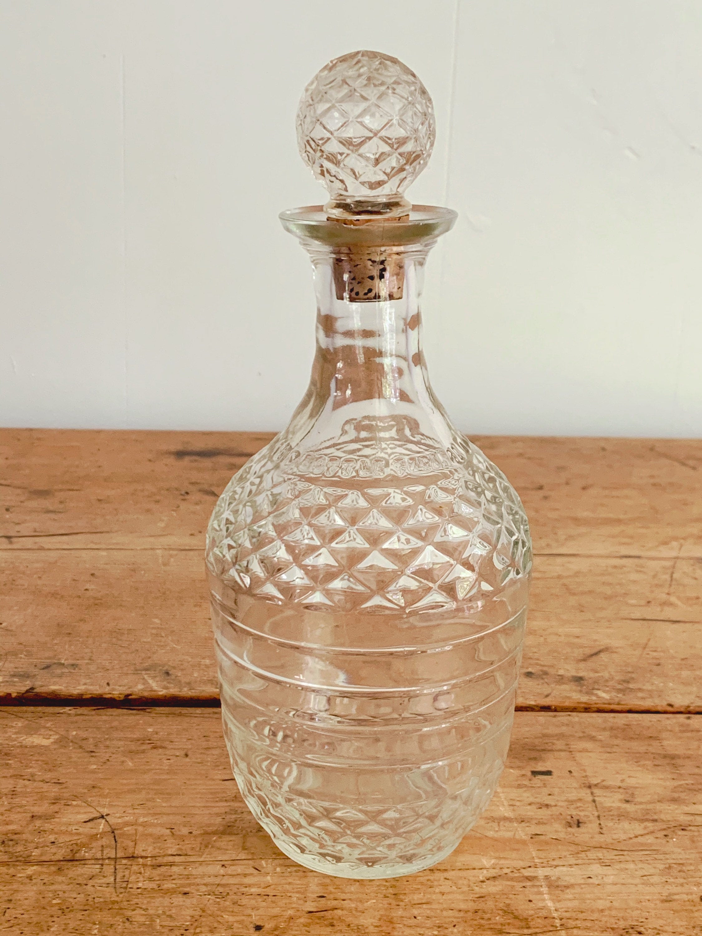 Vintage Pressed Glass Liquor Bottle Decanters with Facetted Round Stopper | Whiskey Decanter Barware Home Bar Decor | Gift for Him