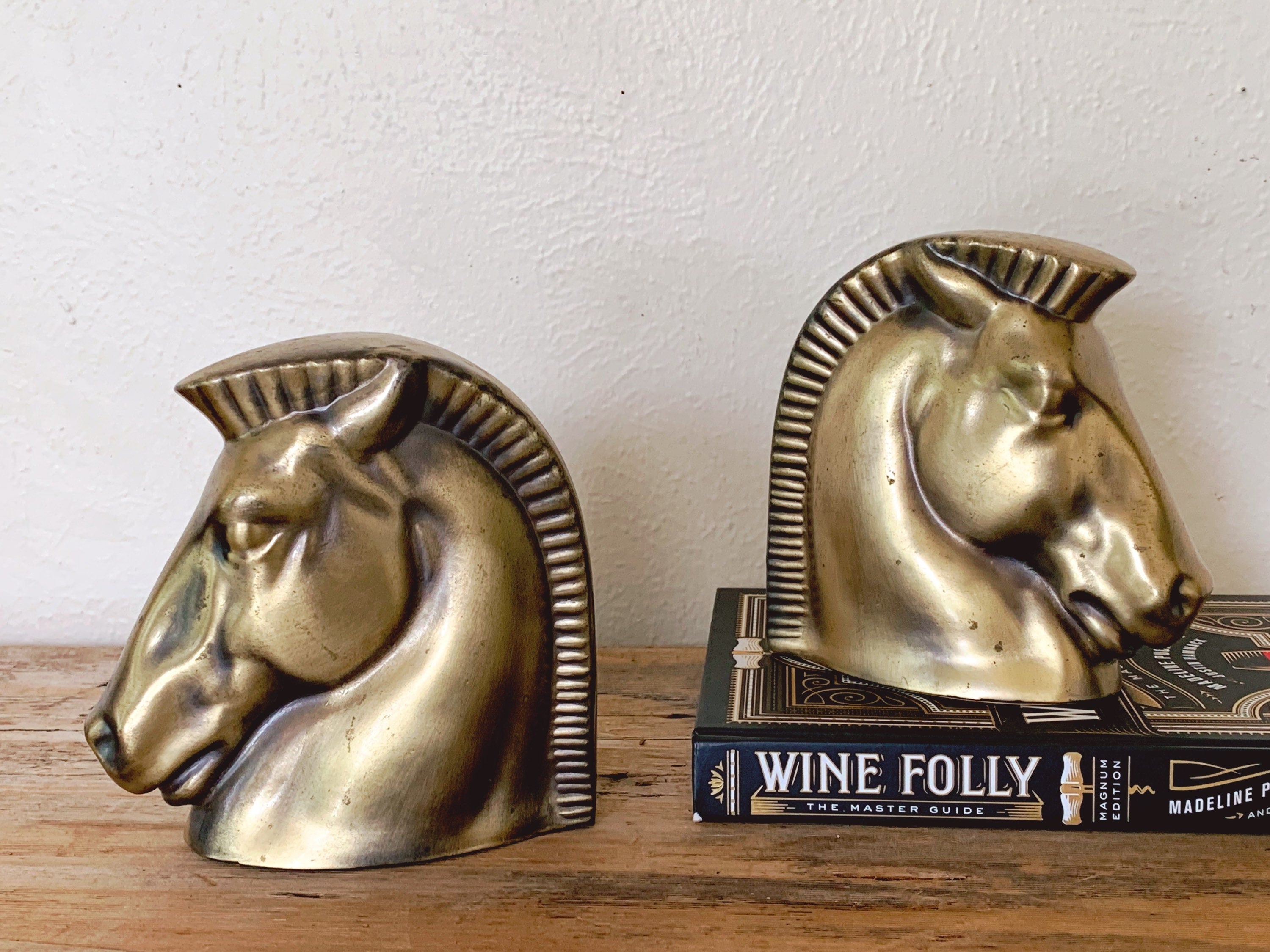 Pair of Vintage Brass Trojan Horse Head Bookends | 1960s Mid Century Equestrian Bookends | Art Deco Style Decor | Book Shelf Mantel Decor