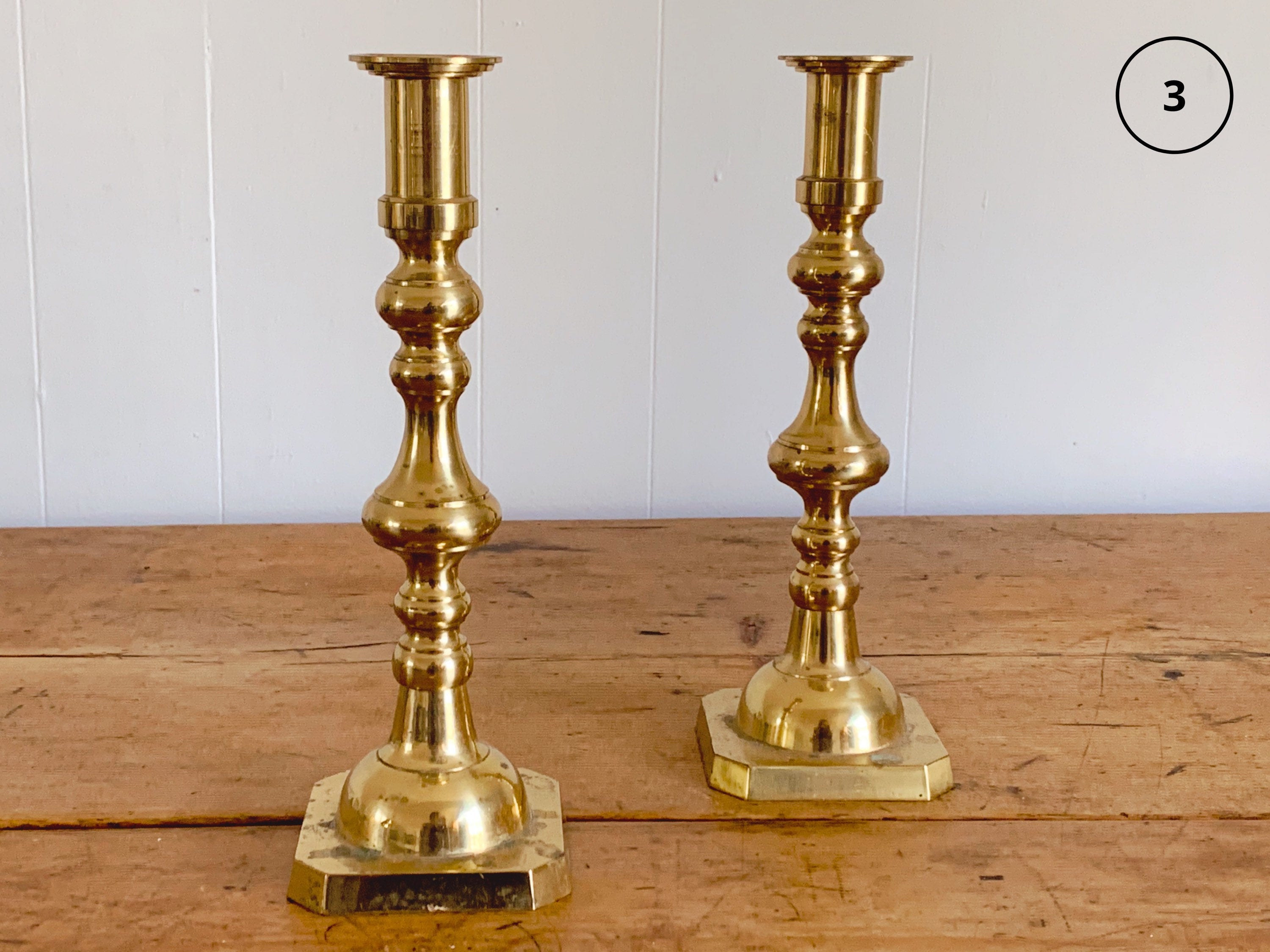 antique brass candlestick holders pair with hanging snuffers – 86