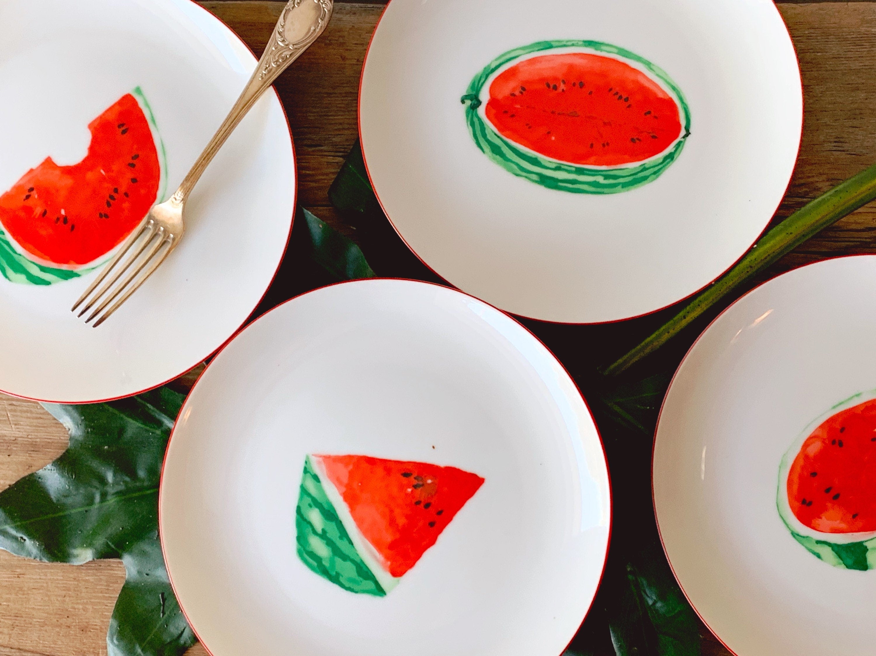 Set of 4 Vintage Fitz and Floyd "Watermelon" Fine Porcelain Salad Plates | Ceramic Dinnerware Dessert Plate | Summer Party Tableware