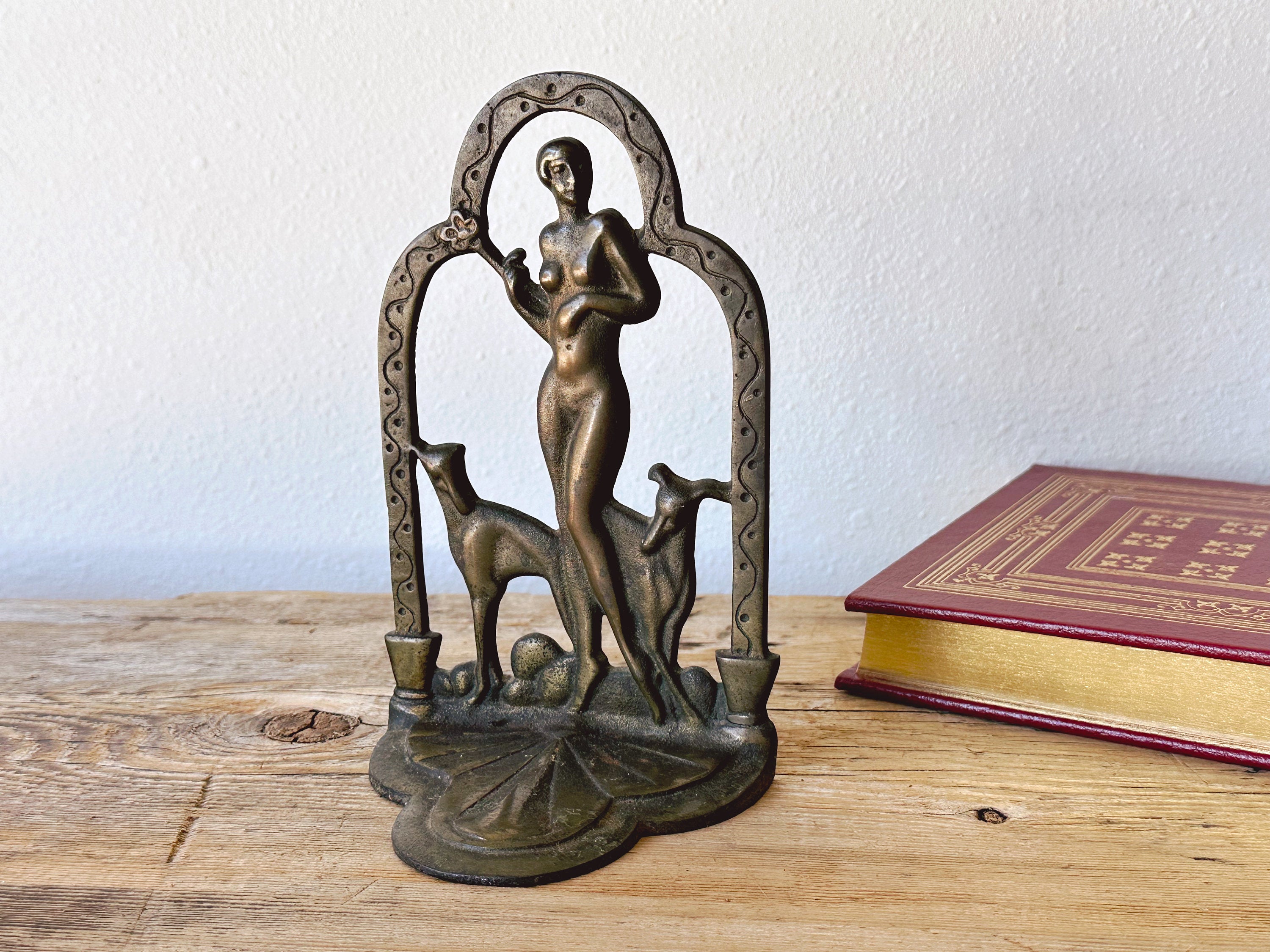 Antique Art Deco Bronze Bookend of Lady with Hound | SINGLE | Vintage 1920s Woman with Dog Bookstop | Office Bookshelf Decor | Gift for Her