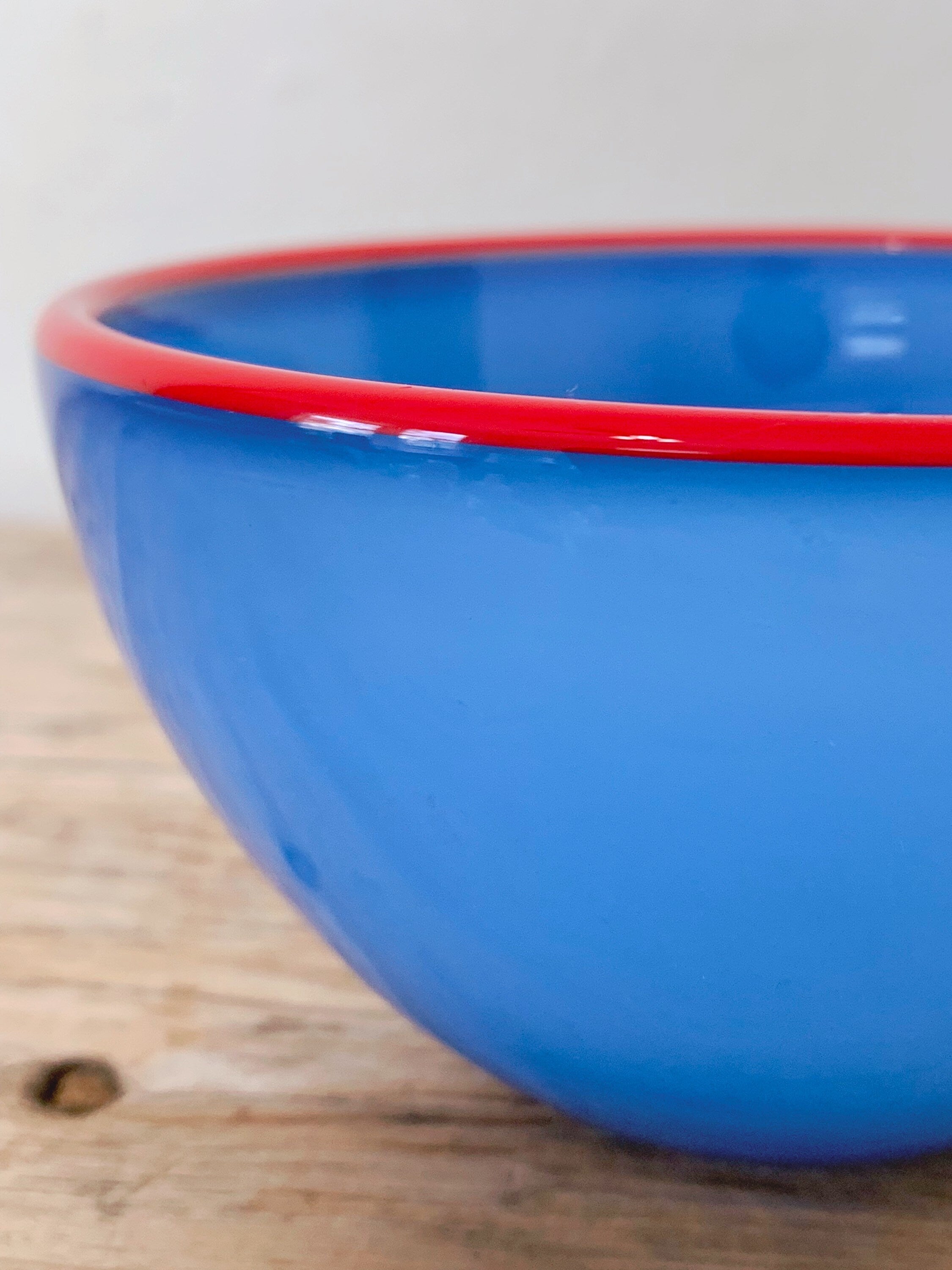 Vintage Studio Art Glass Bowl in Blue with Red Rim | Hand Made Candy Bowl Nut Bowl | Modern Decorative Art