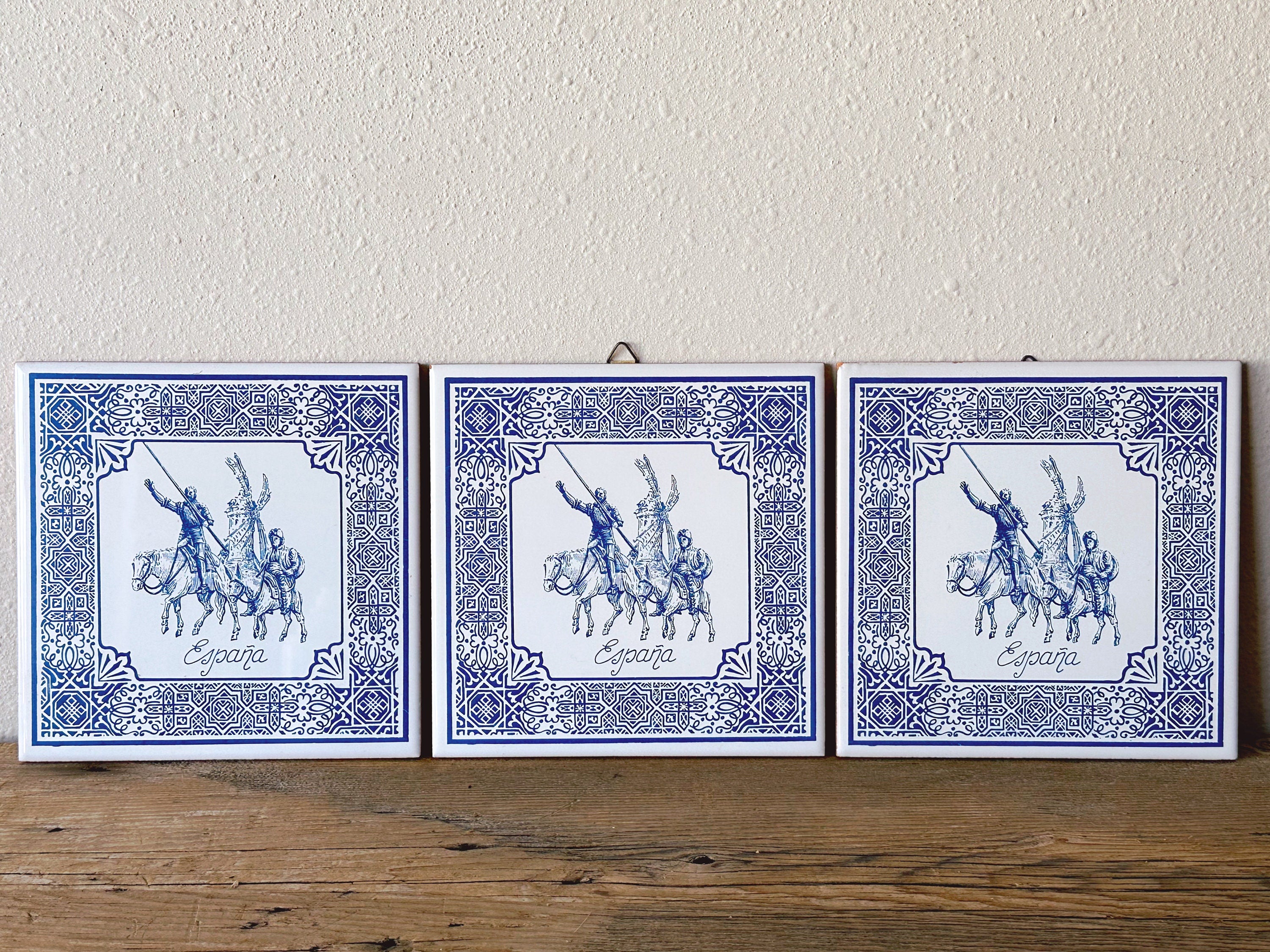 Vintage Spanish Terracotta Tile in Blue and White | Decorative Square Tile Hanging Wall Decor | Made in Spain