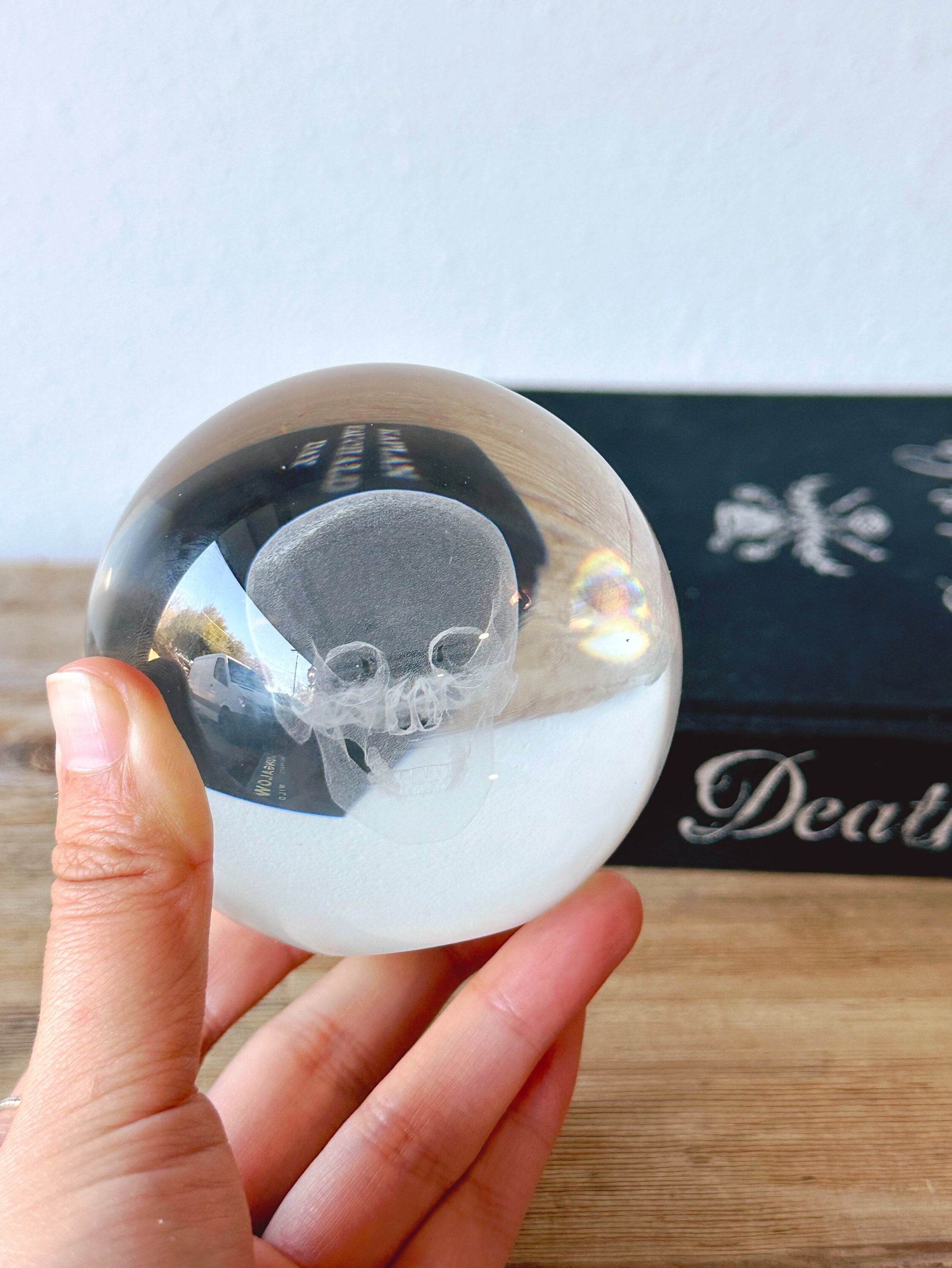 Modern Crystal Skull Paperweight | 3D Clear Glass Orb Laser Etched Hologram Skeleton | Home Office Desktop Decor | Halloween Decoration