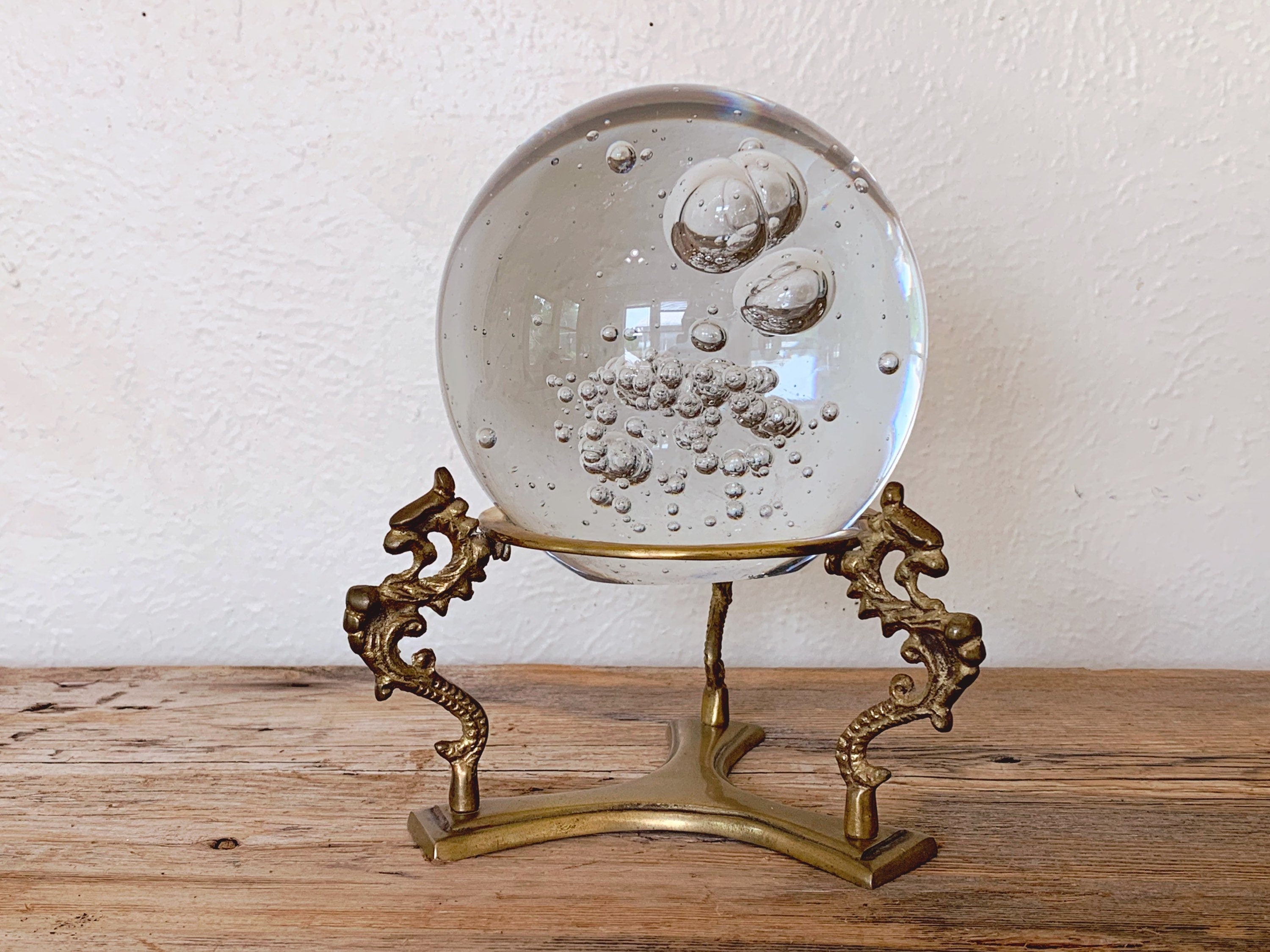 Large Vintage Lead Crystal Ball Sphere on Ornate Dragon Brass Stand | Heavy Paperweight on Tripod Metal Stand | Office Desk Decor