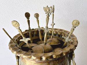 Set of 7 Vintage Extra Long Brass Turkish Shish Kebab Sword Skewers in Brass Vase Holder | Metal Kabab Skewers | Grilling Accessories