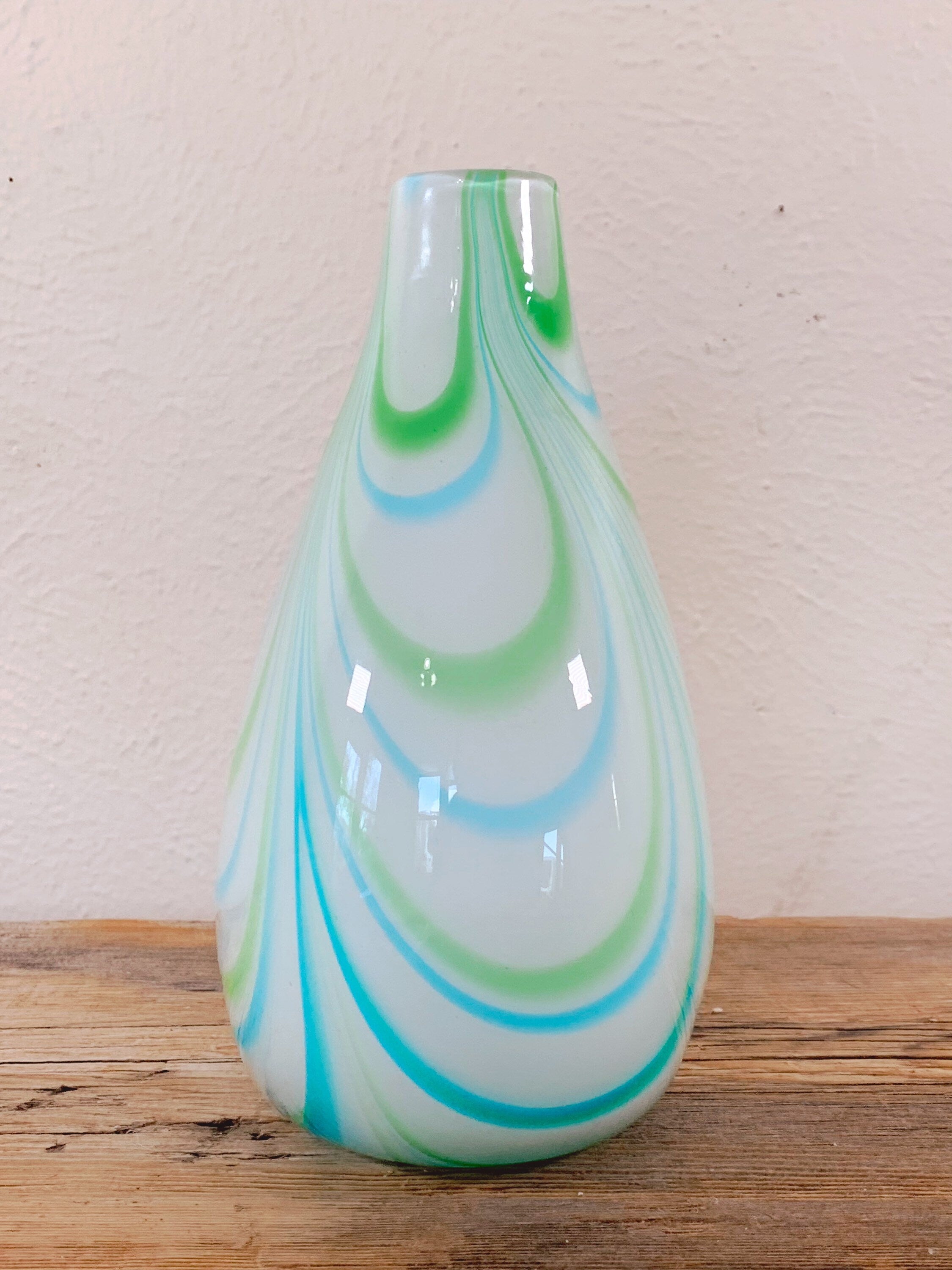 Vintage Hand Blown Studio Art Glass Vase with Blue and Green Candy Stripes | Flower Vase Contemporary Home Decor | Mother's Day Gift