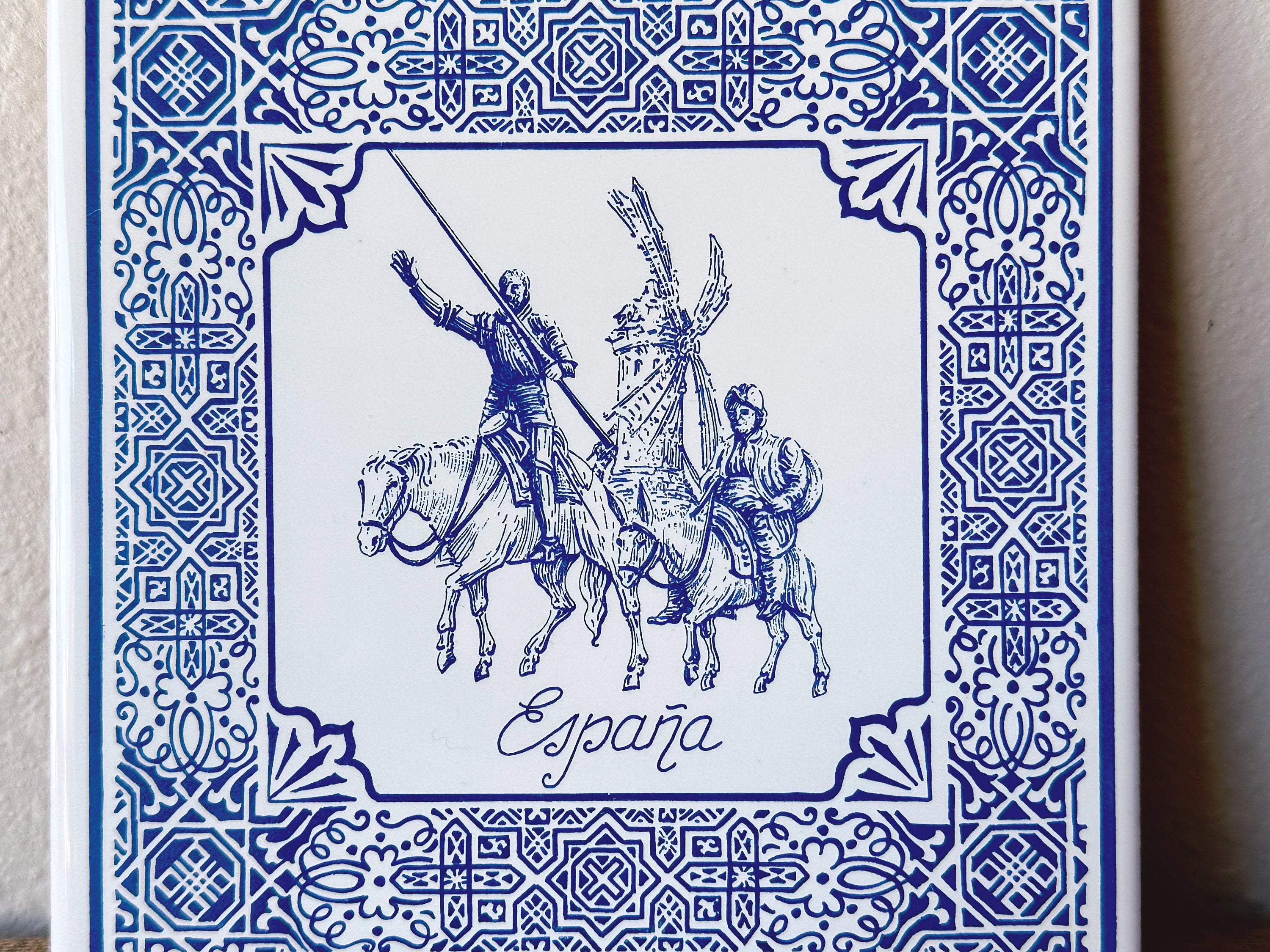 Vintage Spanish Terracotta Tile in Blue and White | Decorative Square Tile Hanging Wall Decor | Made in Spain