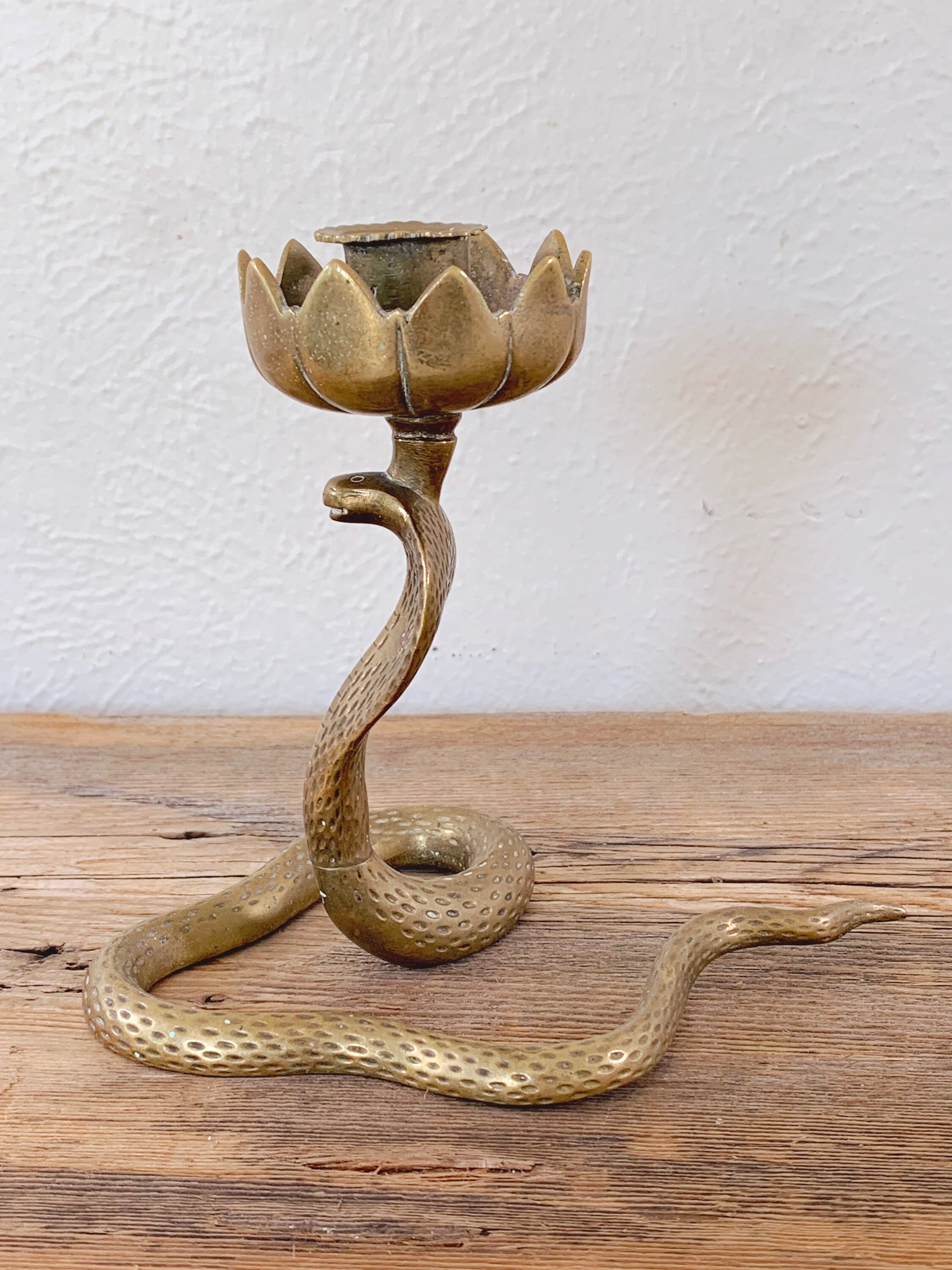 Pair of Vintage Brass Hand Engraved Cobra Snake Candle Holders | Engraved Serpent Candlestick Holder Unique Boho Home Decor