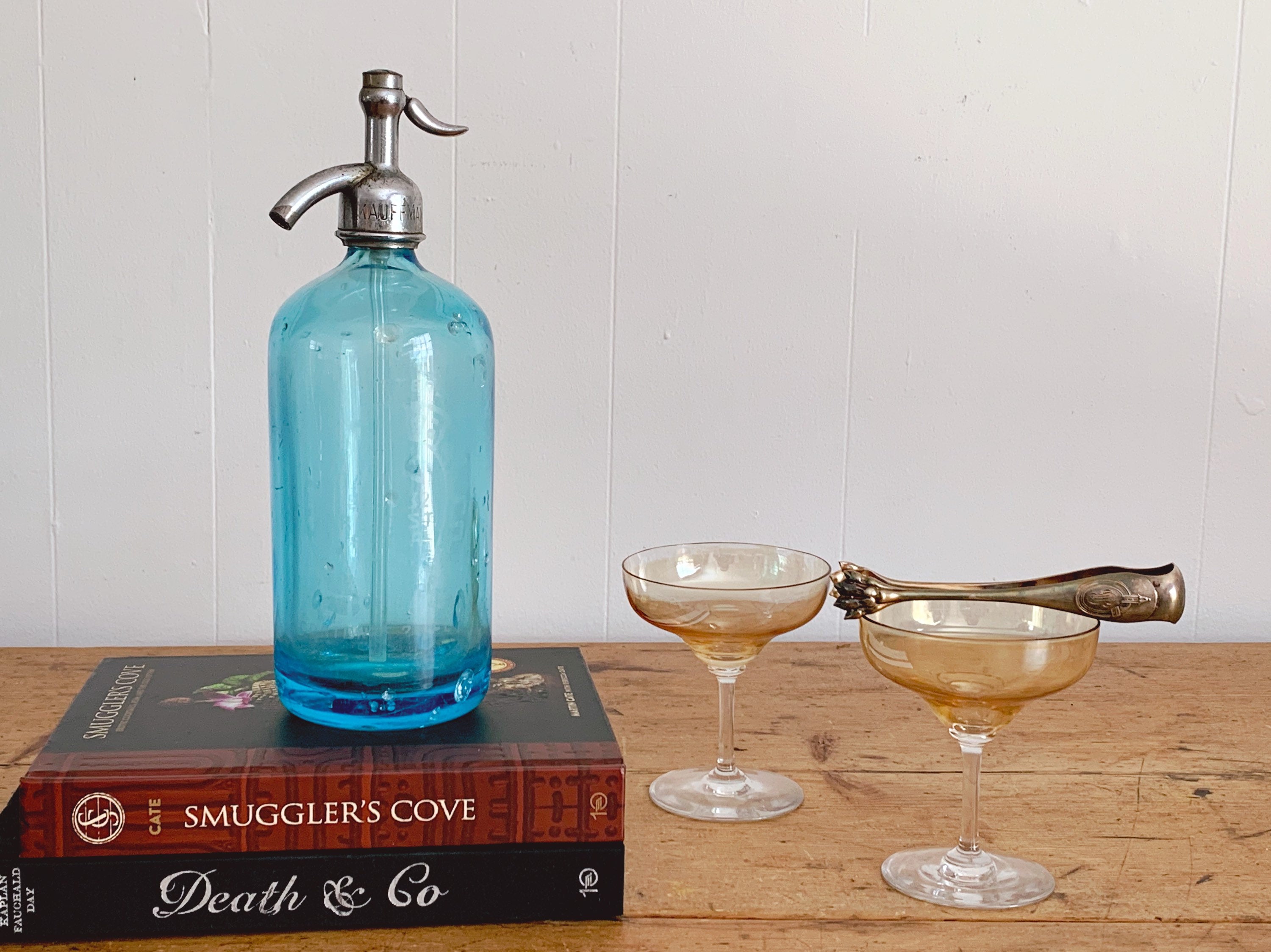 Vintage Blue Glass Etched Seltzer Bottle Bar Decor | Kauffman Bev. Co. Barware Home Decor