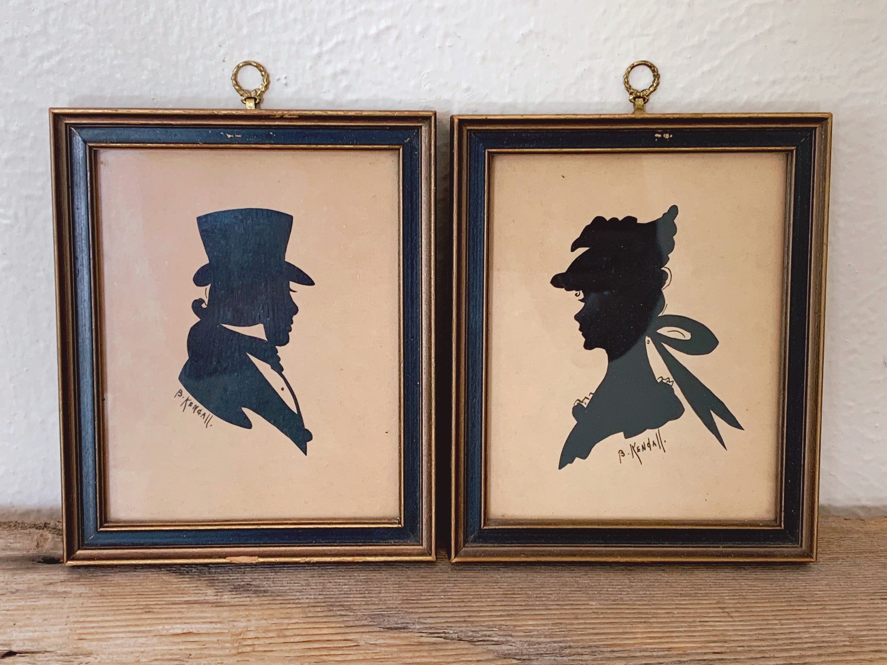 Pair of Antique 1800s Hand Cut Silhouettes of A Lady and Gentleman in Old Wooden Frames | By Beatrice Kendall | Vintage Wall Decor