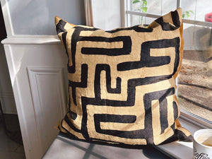 Vintage African Kuba Tan and Black Handwoven Patchwork Square Throw Pillow with Down Insert | Black and Tan 24" Indoor Decorative Cushion