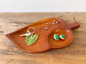 Mid Century Modern Acacia Wood Leaf Shaped Divided Serving Tray | Small Jewelry Dish, Trinket Tray, Catchall Plate, Ring Dish
