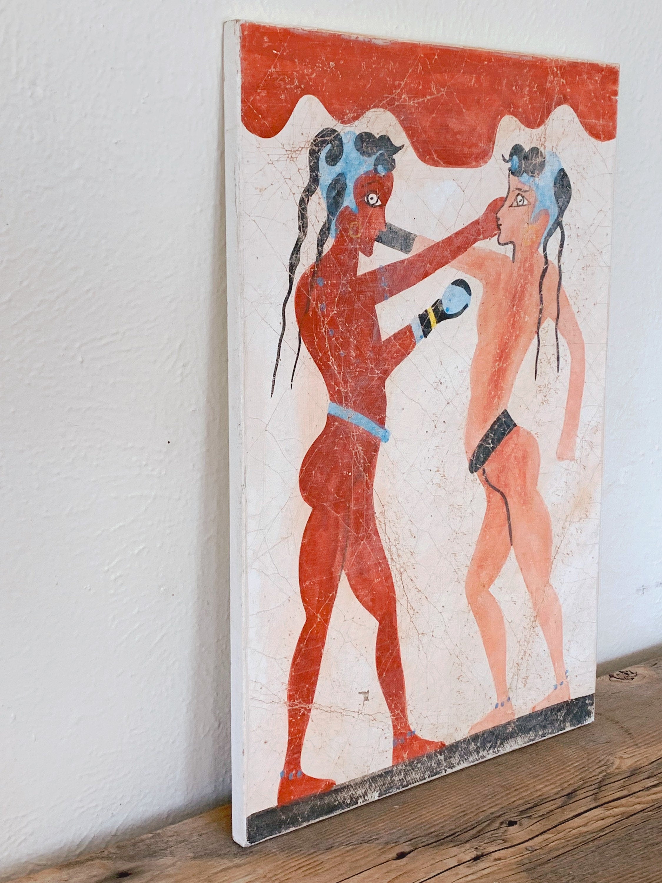 Vintage Hand Made Greek Fresco Painting of “The Boxing Children” from Akrotiri | Quirky Fun Wall Art Home Decor | Made in Greece