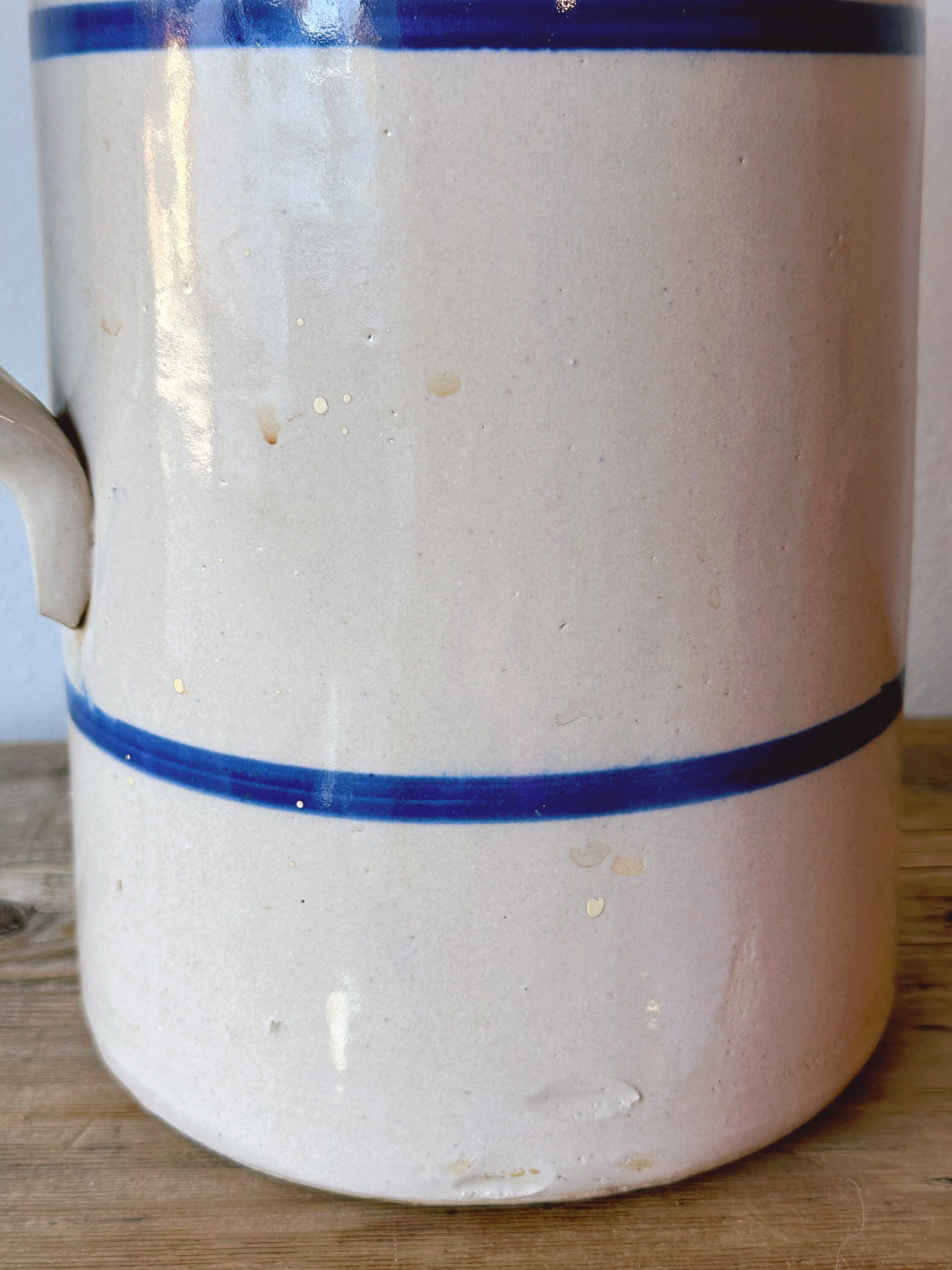 Large Vintage Stoneware Pitcher with Blue Stripes | Salt Glazed French Country Style Utensil Holder | Rustic Farmhouse Kitchen Decor