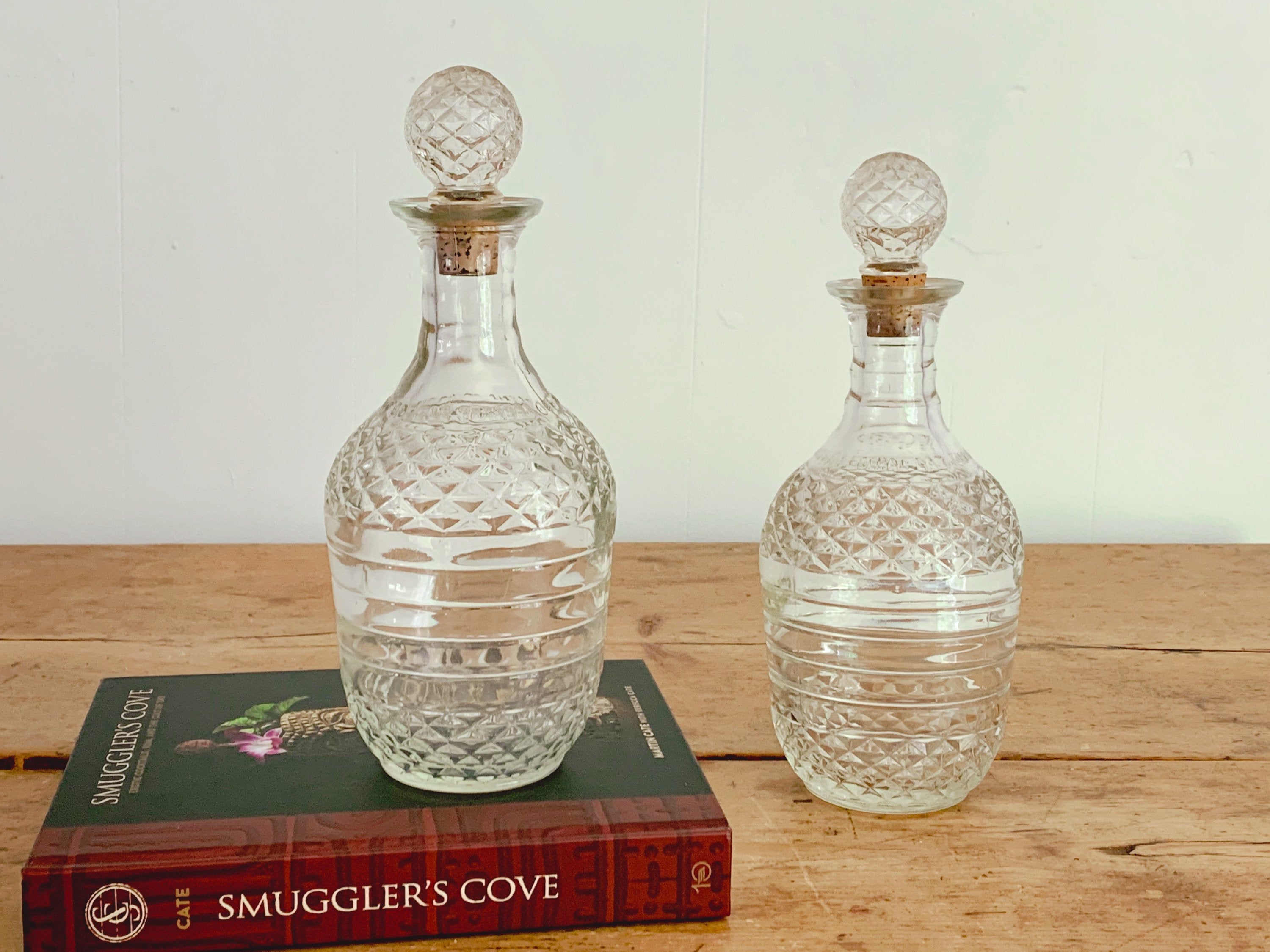 Vintage Pressed Glass Liquor Bottle Decanters with Facetted Round Stopper | Whiskey Decanter Barware Home Bar Decor | Gift for Him