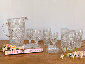 Vintage Pressed Glass Wexford Pitcher, Goblets and Highball Glasses | Mid Century Anchor Hocking Hollywood Regency Juice and Water Glass